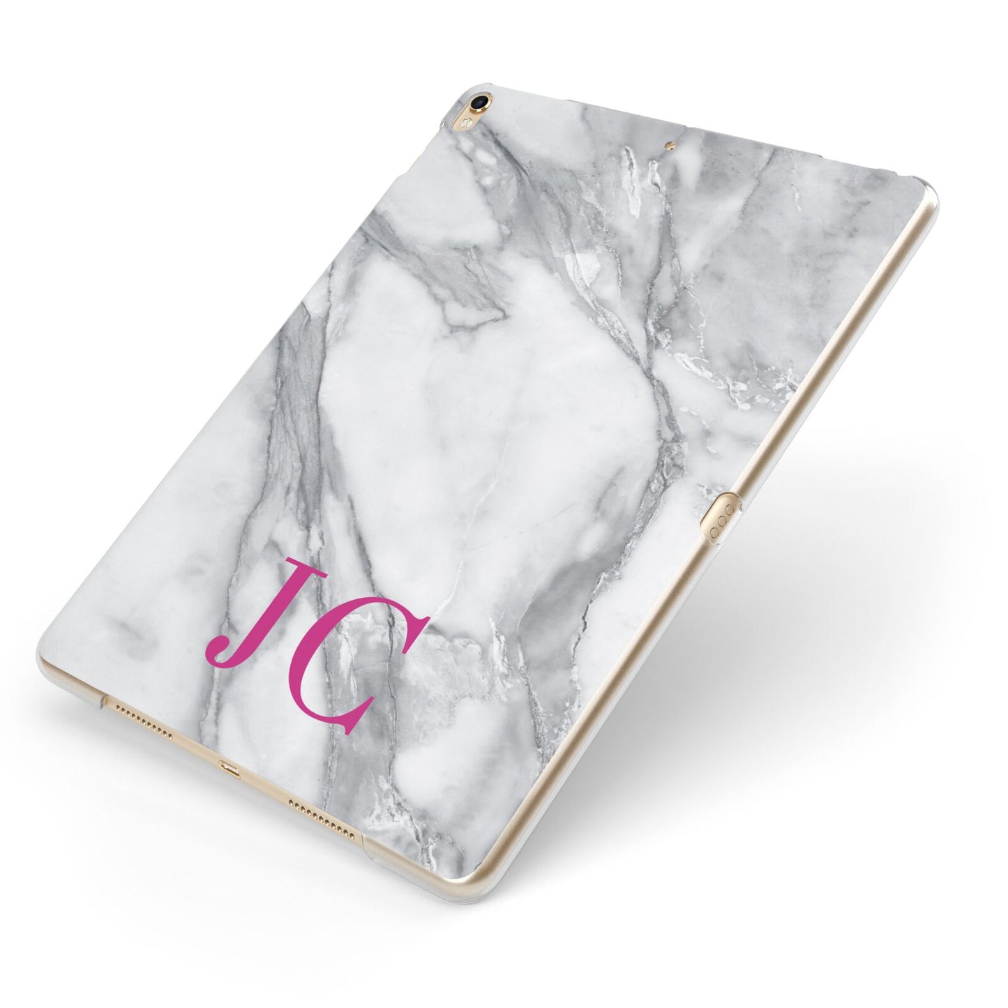 Grey Marble Pink Initials Apple iPad Case on Gold iPad Side View