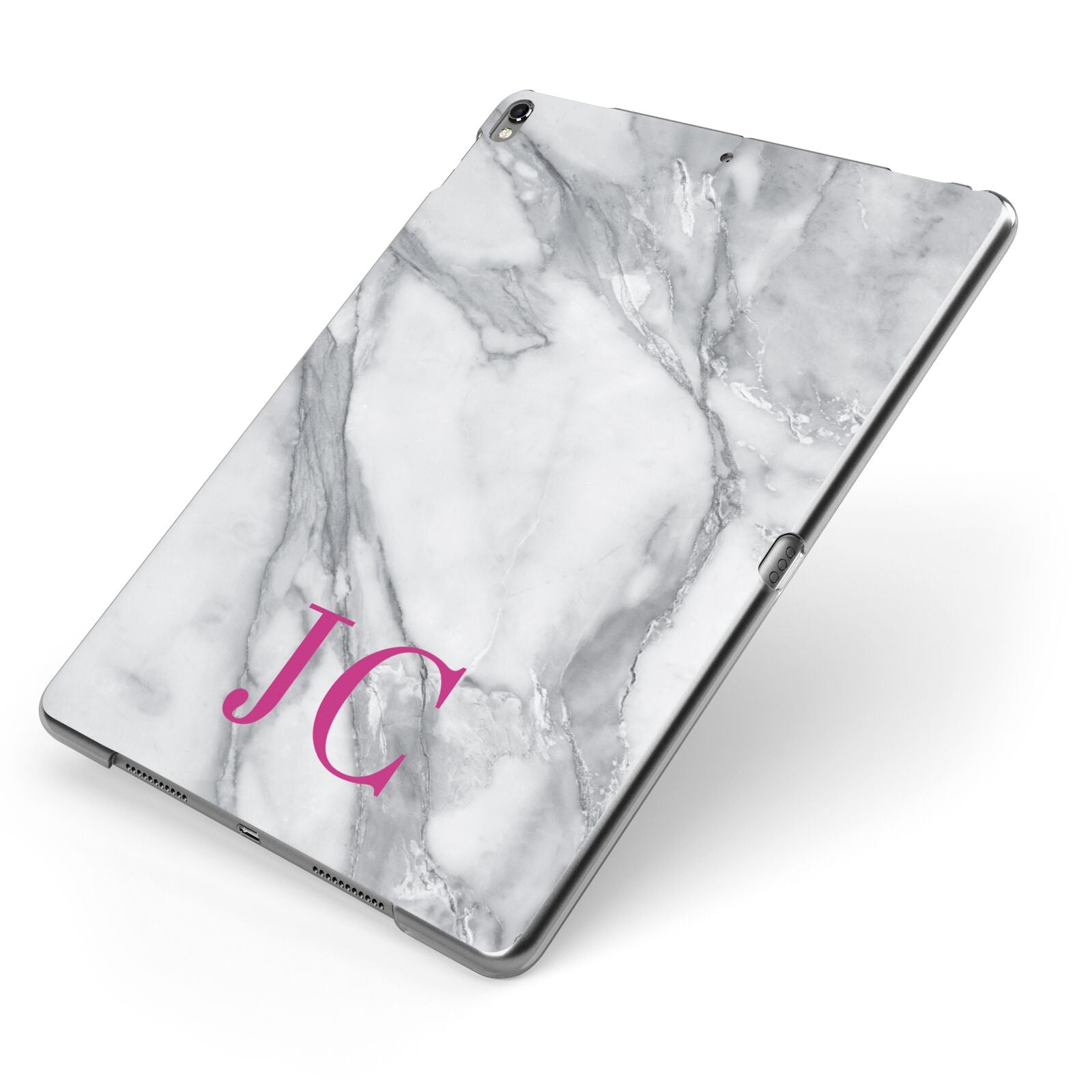 Grey Marble Pink Initials Apple iPad Case on Grey iPad Side View