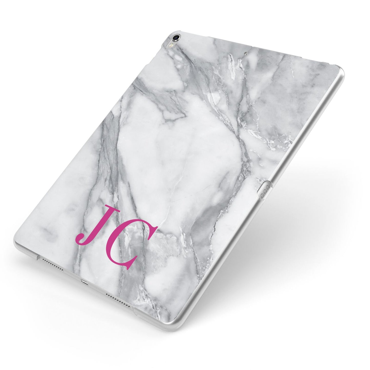 Grey Marble Pink Initials Apple iPad Case on Silver iPad Side View