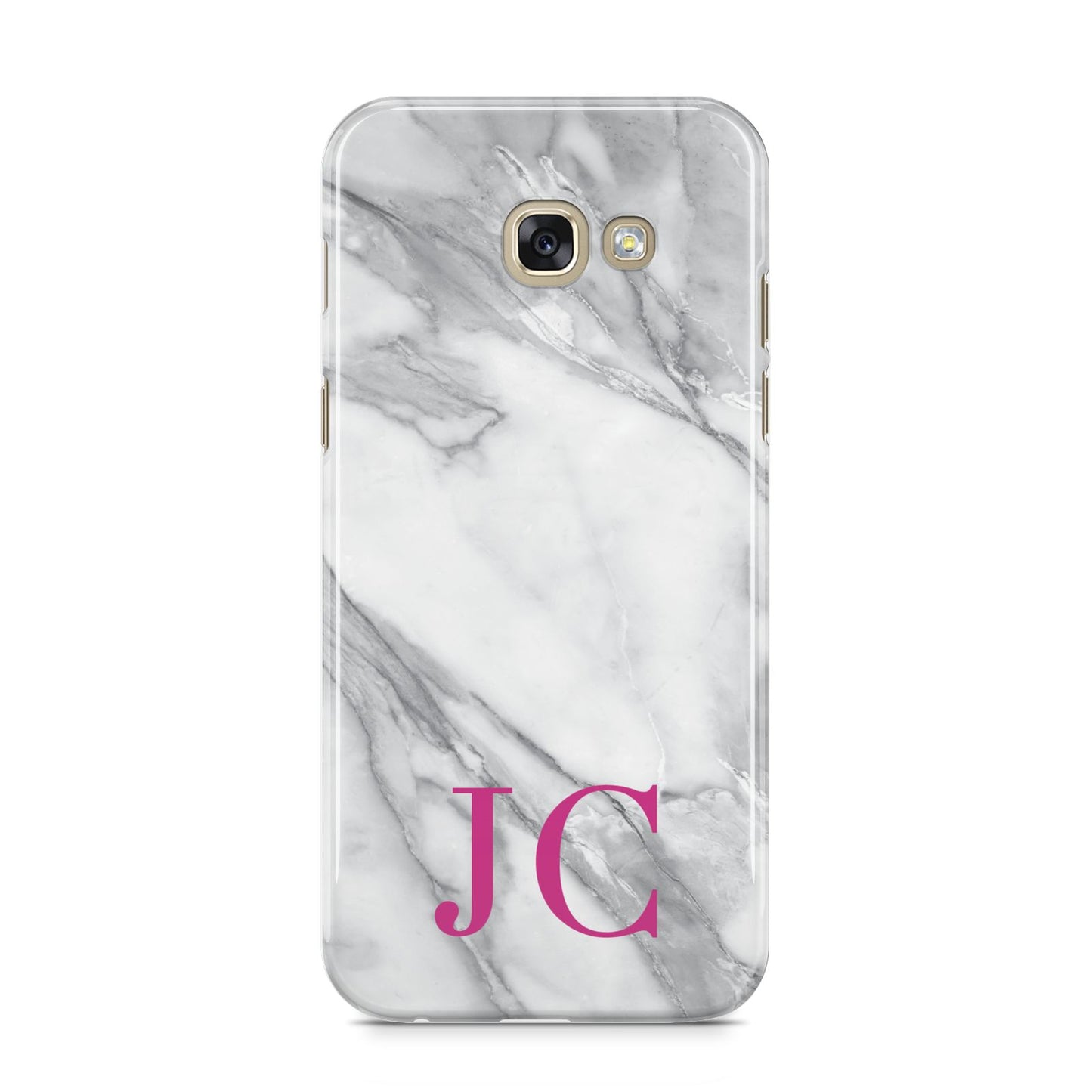 Grey Marble Pink Initials Samsung Galaxy A5 2017 Case on gold phone