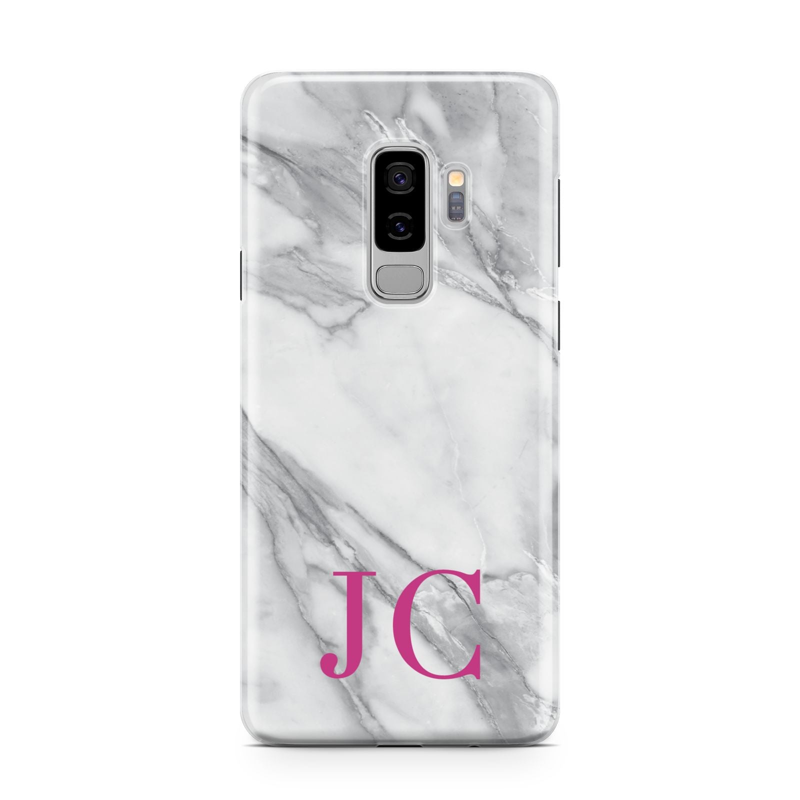 Grey Marble Pink Initials Samsung Galaxy S9 Plus Case on Silver phone