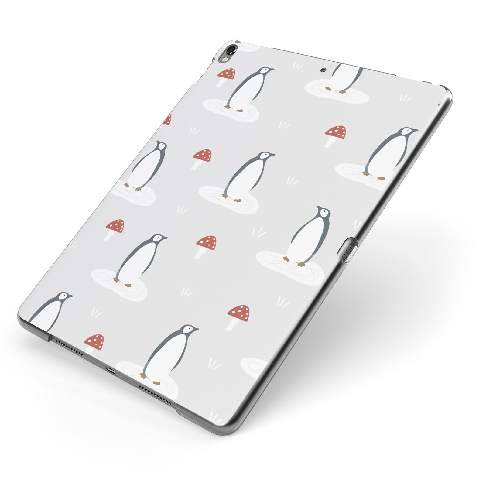 Grey Penguin Forest Apple iPad Case on Grey iPad Side View