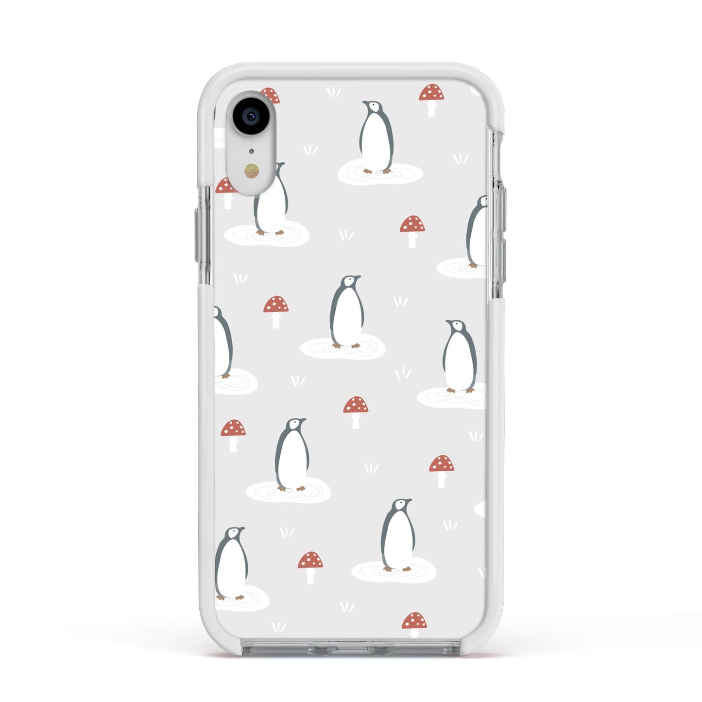 Grey Penguin Forest Apple iPhone XR Impact Case White Edge on Silver Phone