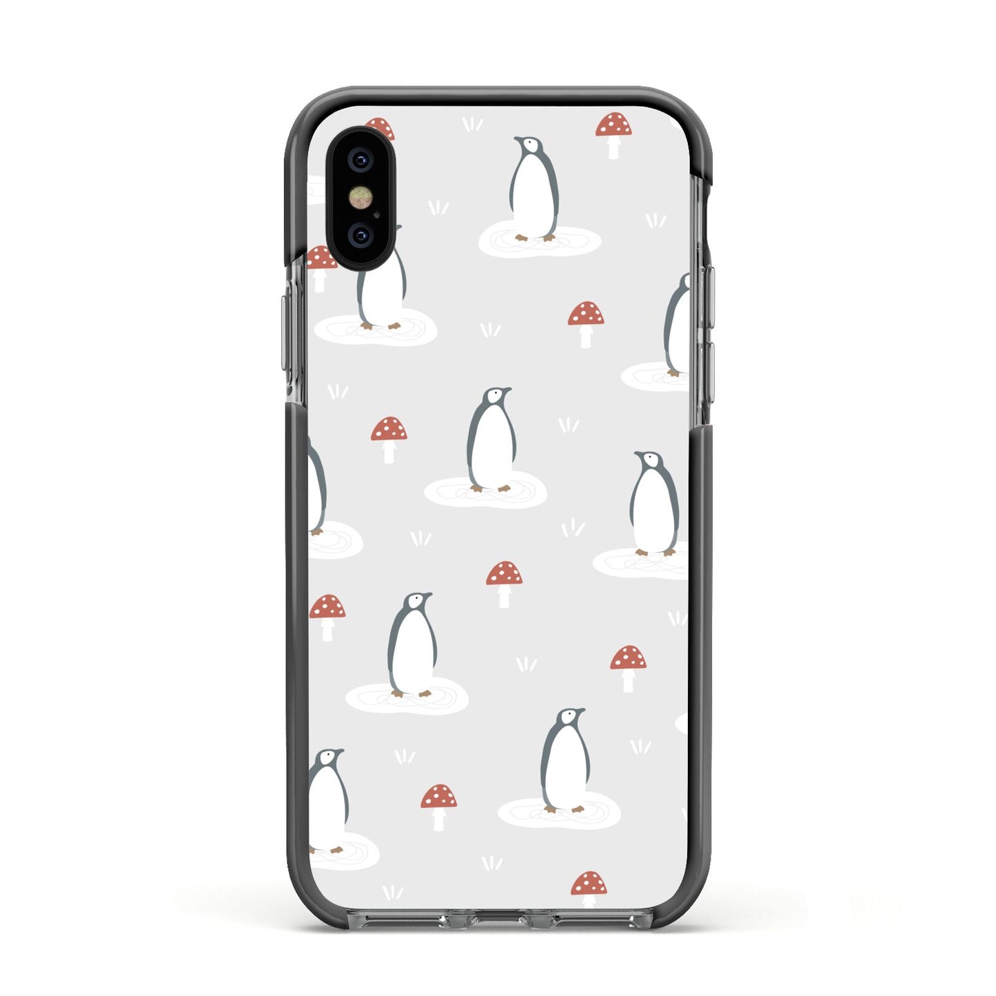 Grey Penguin Forest Apple iPhone Xs Impact Case Black Edge on Black Phone