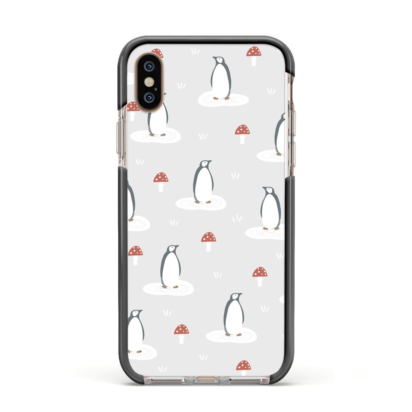 Grey Penguin Forest Apple iPhone Xs Impact Case Black Edge on Gold Phone