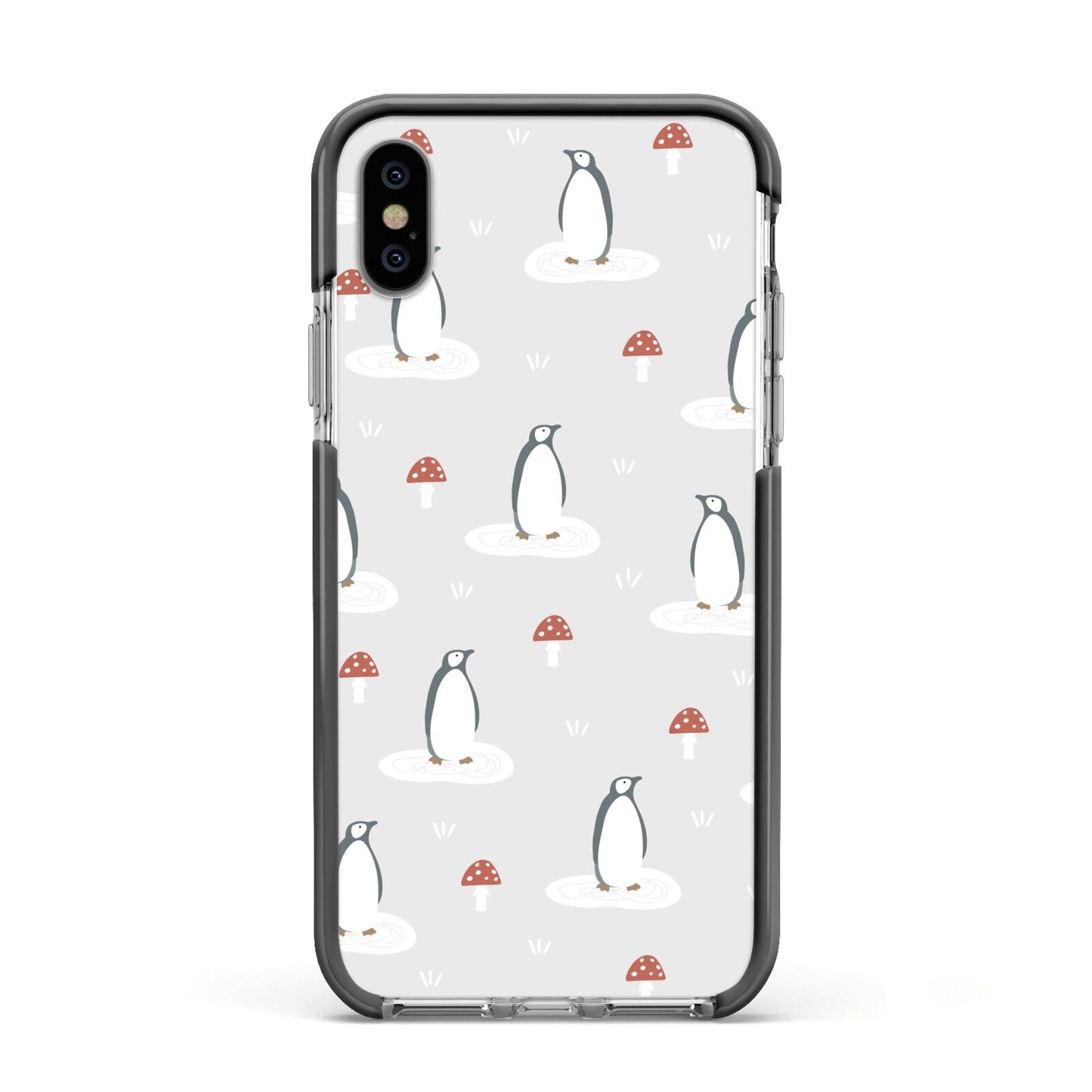 Grey Penguin Forest Apple iPhone Xs Impact Case Black Edge on Silver Phone