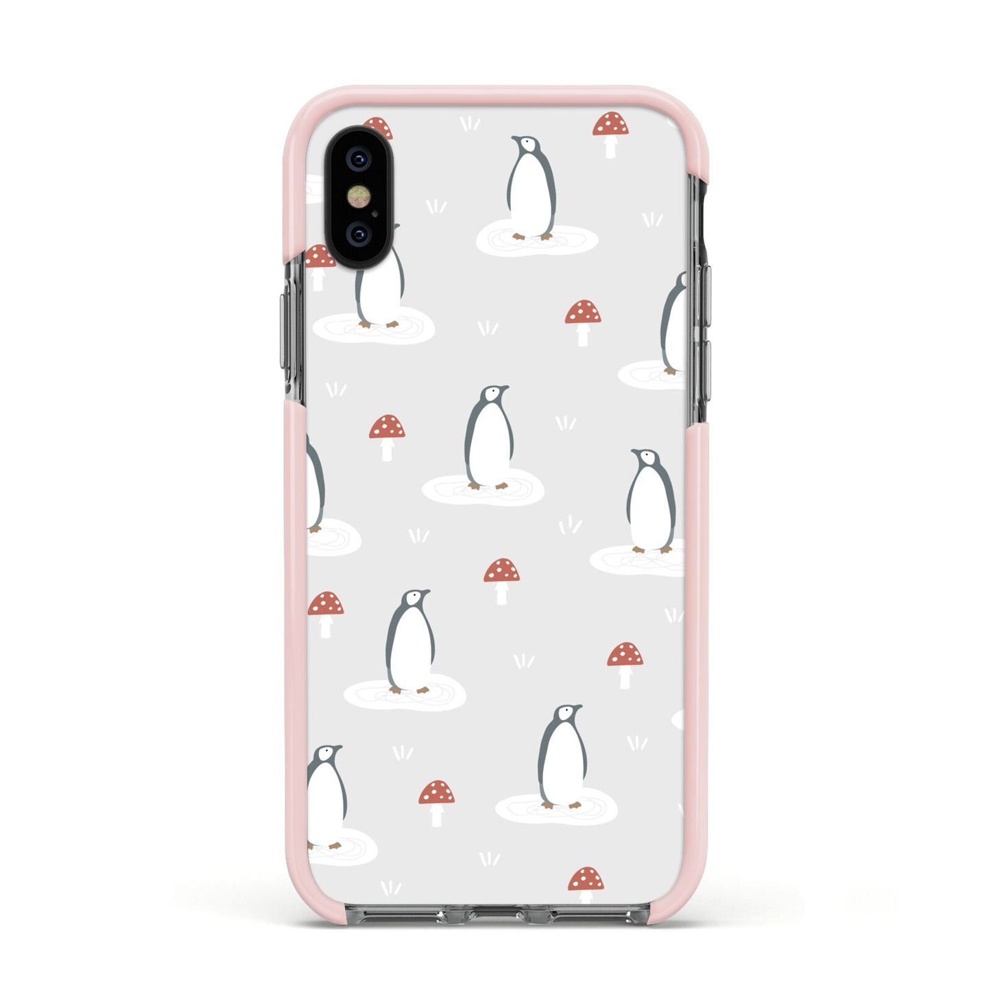 Grey Penguin Forest Apple iPhone Xs Impact Case Pink Edge on Black Phone