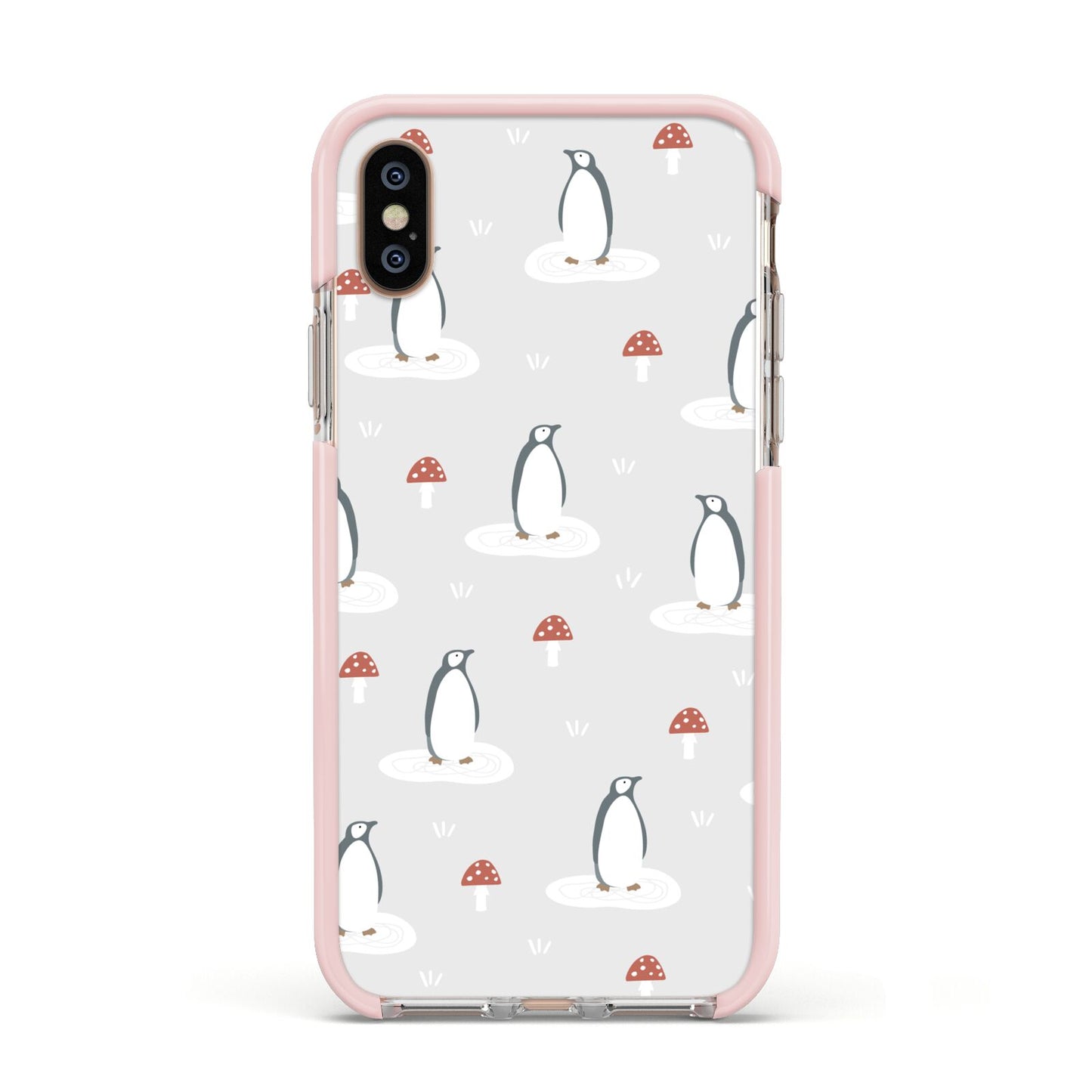 Grey Penguin Forest Apple iPhone Xs Impact Case Pink Edge on Gold Phone