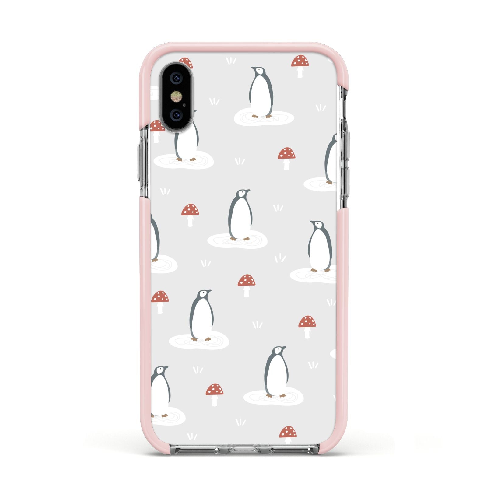 Grey Penguin Forest Apple iPhone Xs Impact Case Pink Edge on Silver Phone