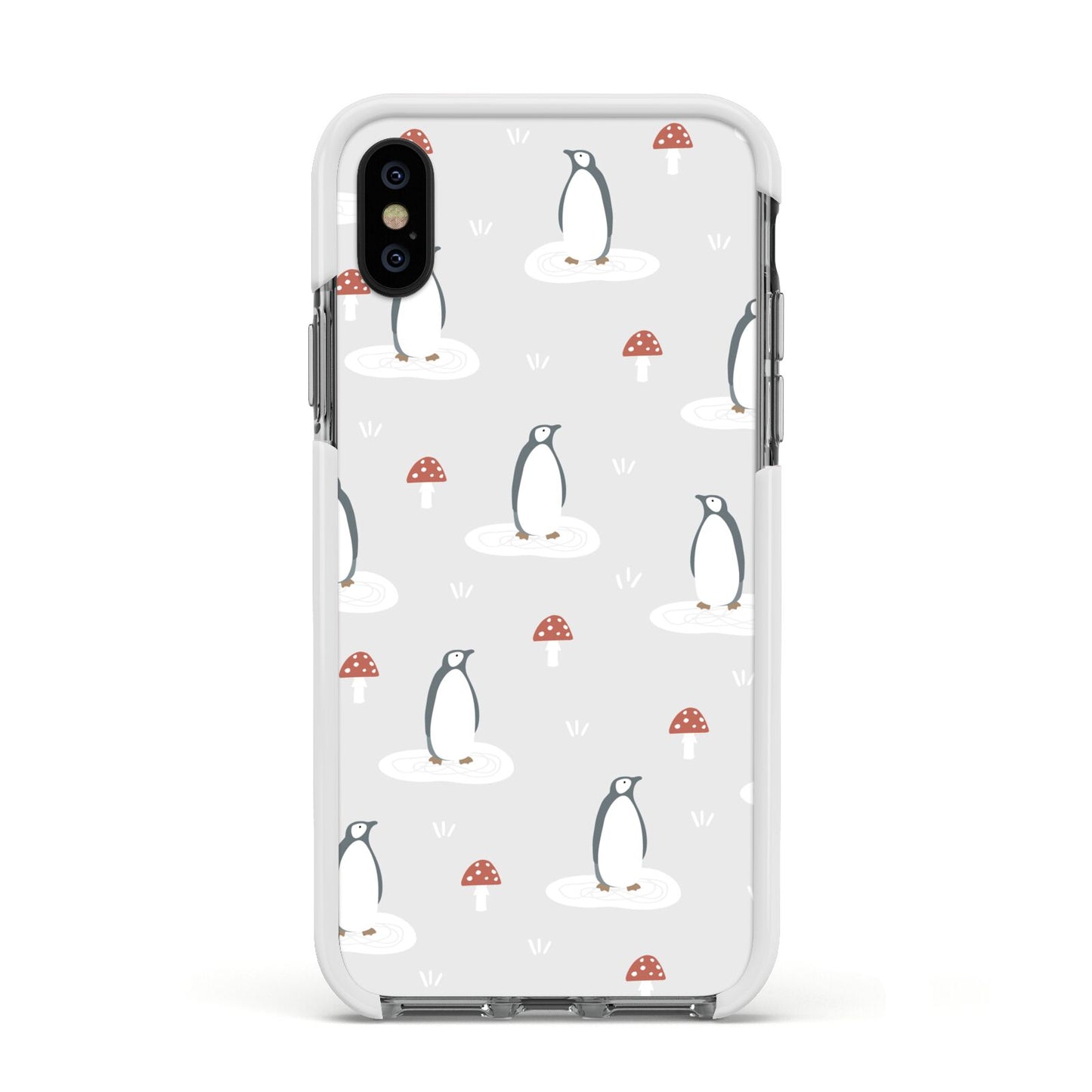 Grey Penguin Forest Apple iPhone Xs Impact Case White Edge on Black Phone