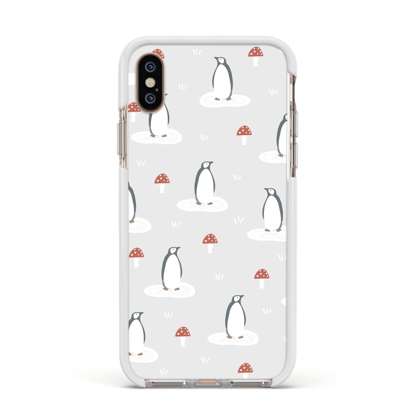 Grey Penguin Forest Apple iPhone Xs Impact Case White Edge on Gold Phone