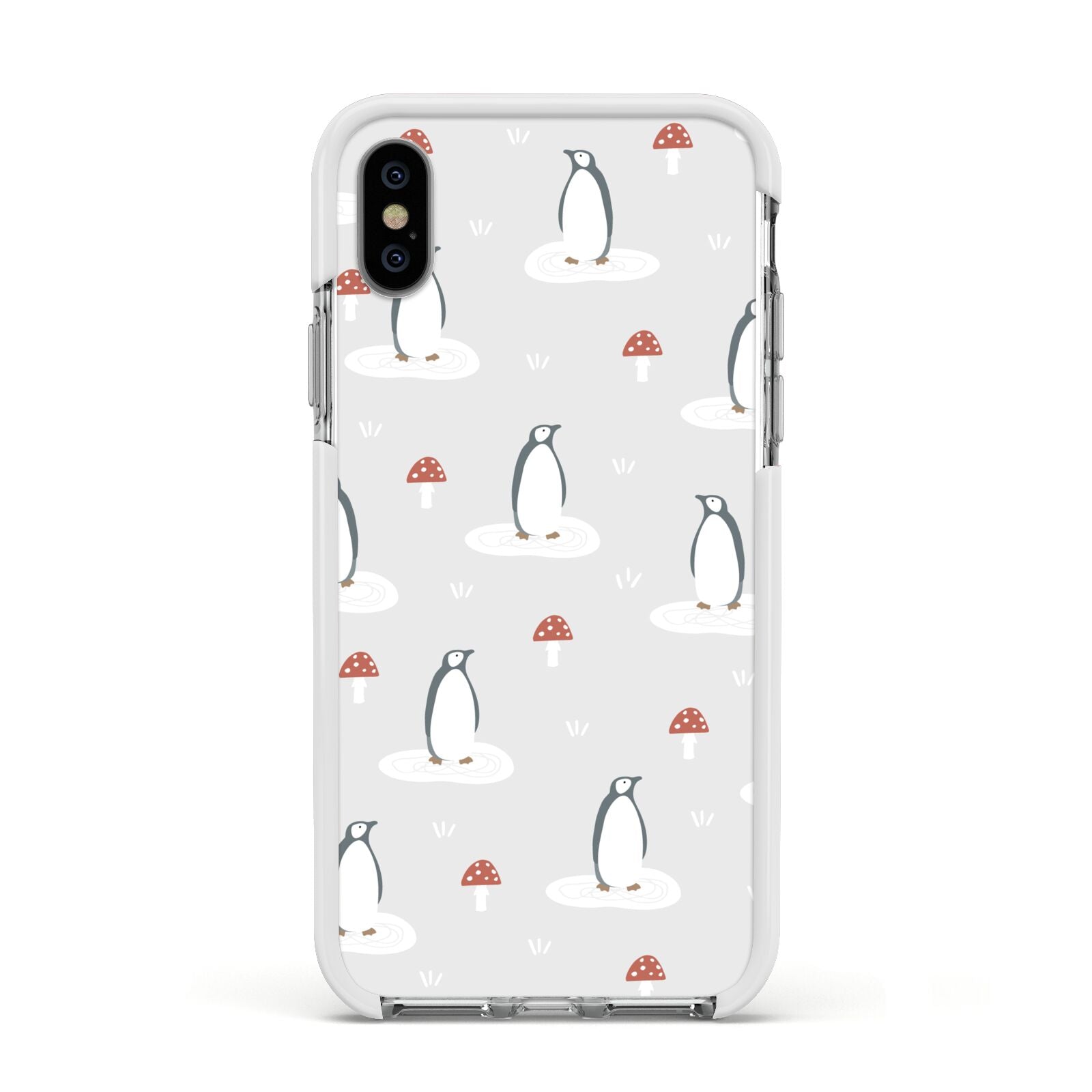 Grey Penguin Forest Apple iPhone Xs Impact Case White Edge on Silver Phone