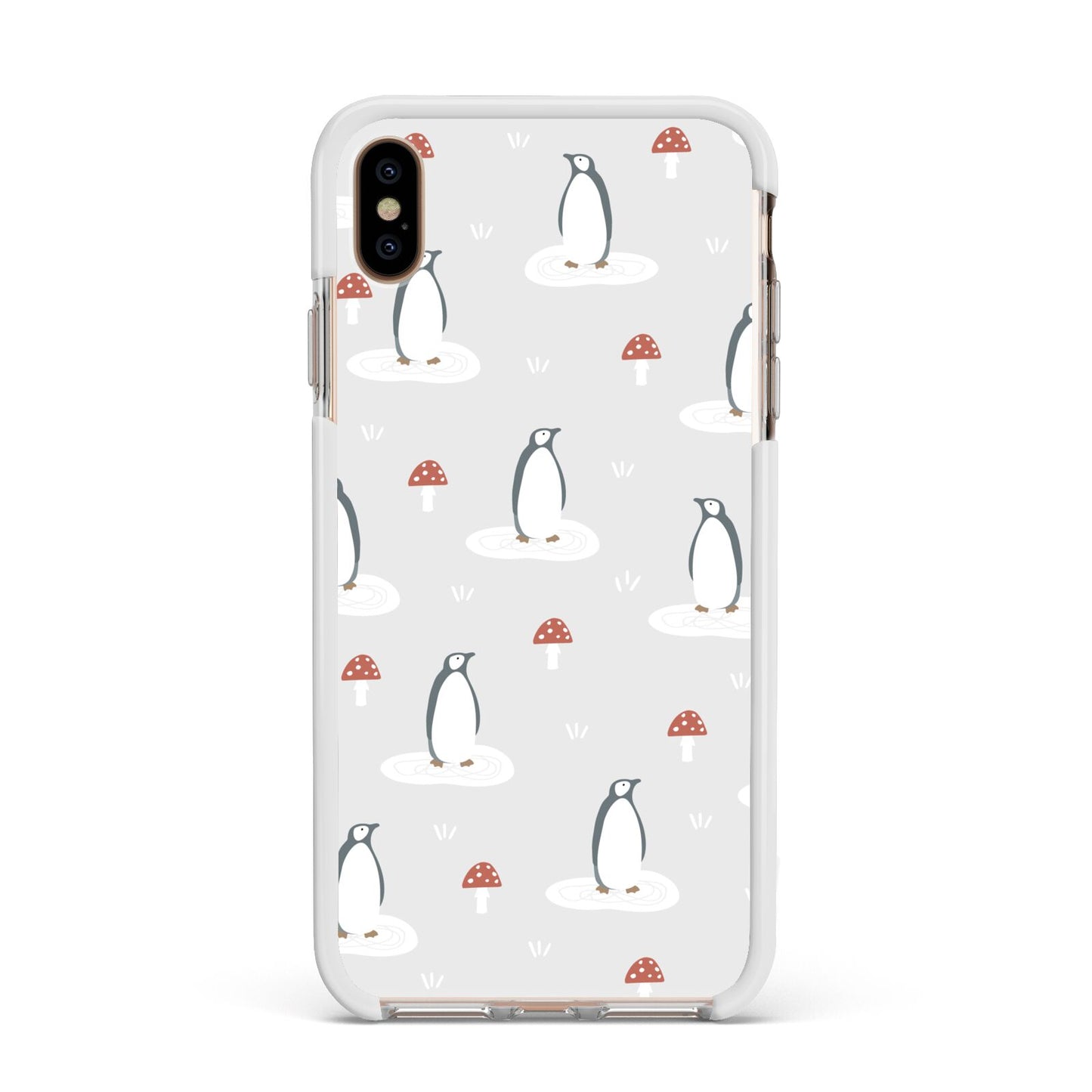 Grey Penguin Forest Apple iPhone Xs Max Impact Case White Edge on Gold Phone