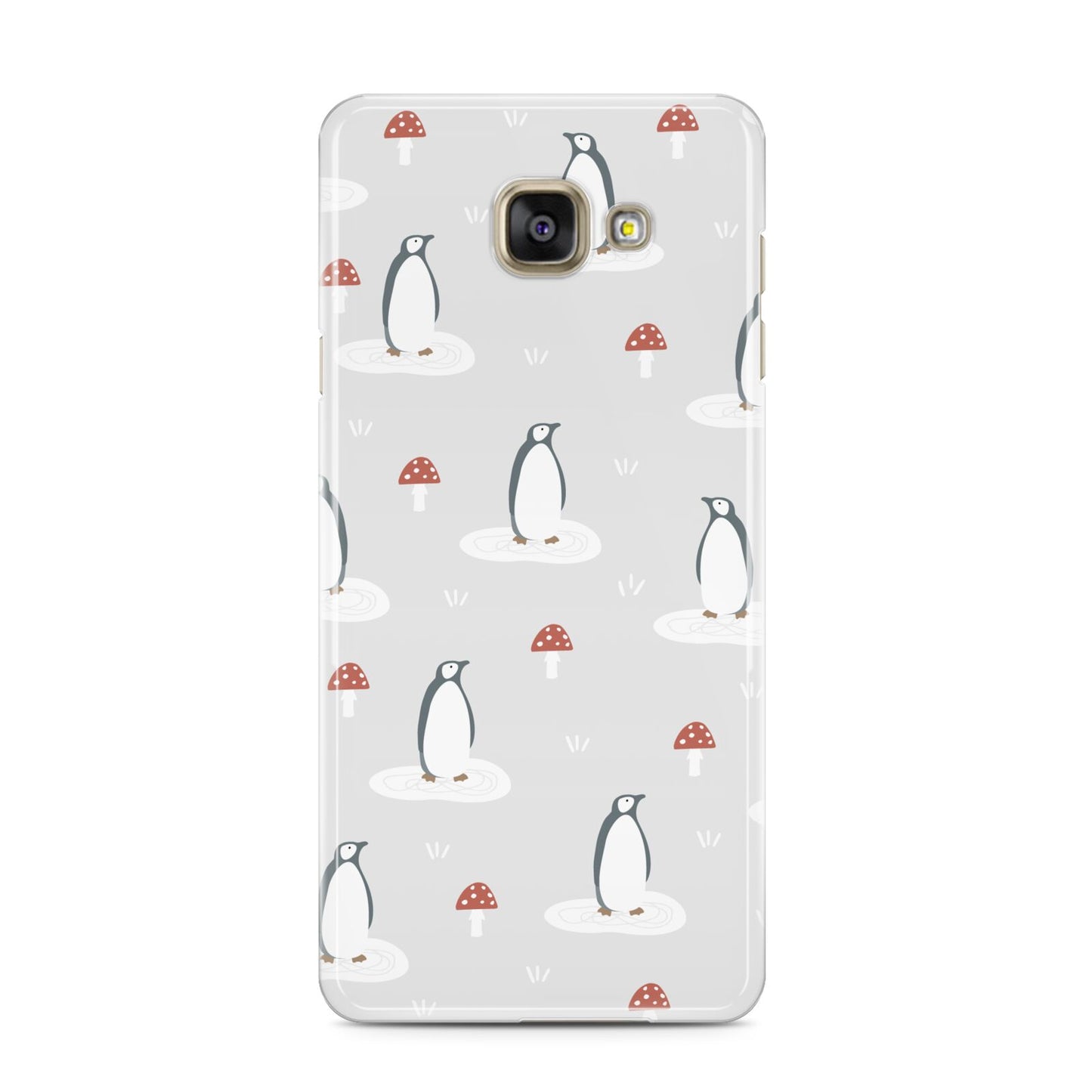 Grey Penguin Forest Samsung Galaxy A3 2016 Case on gold phone