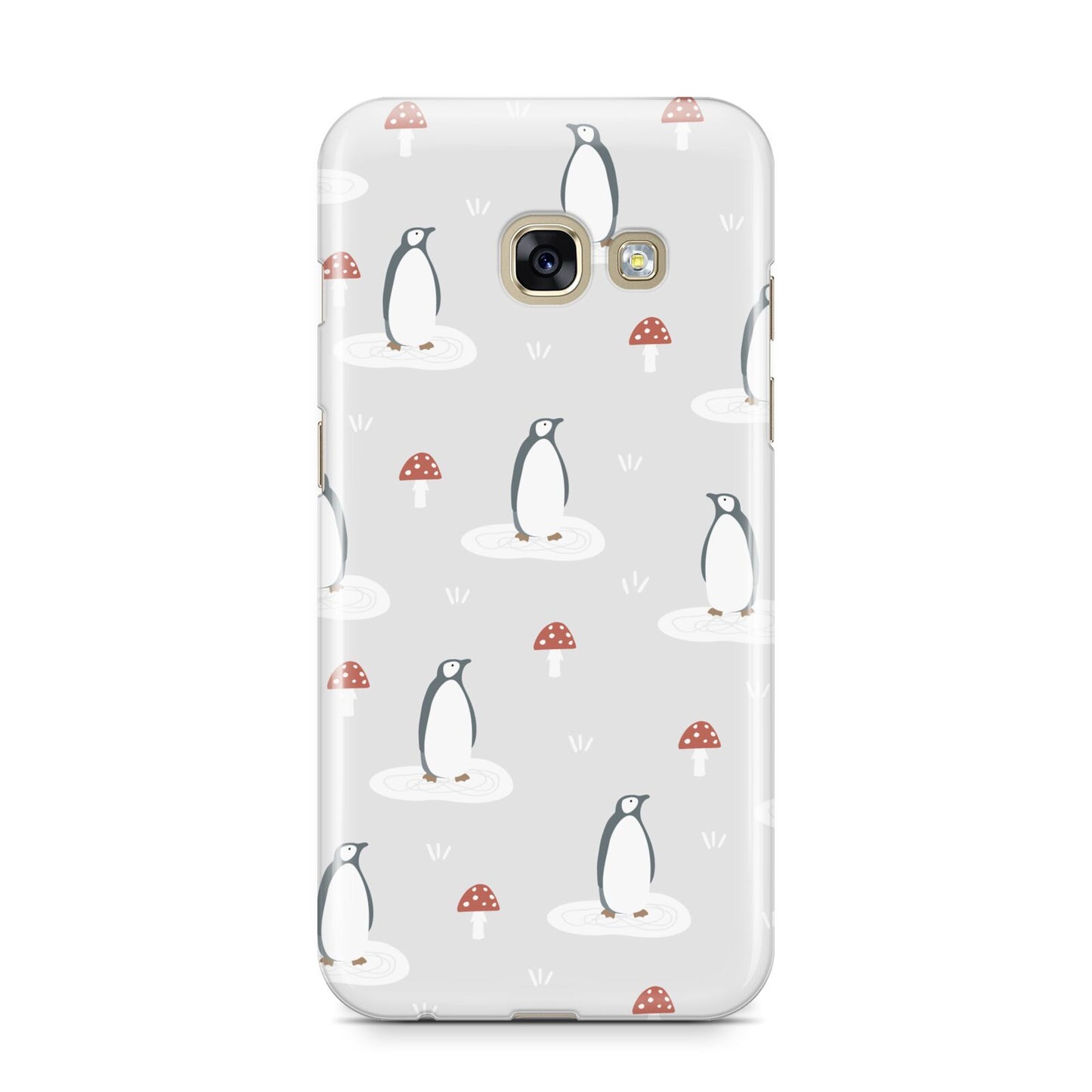 Grey Penguin Forest Samsung Galaxy A3 2017 Case on gold phone