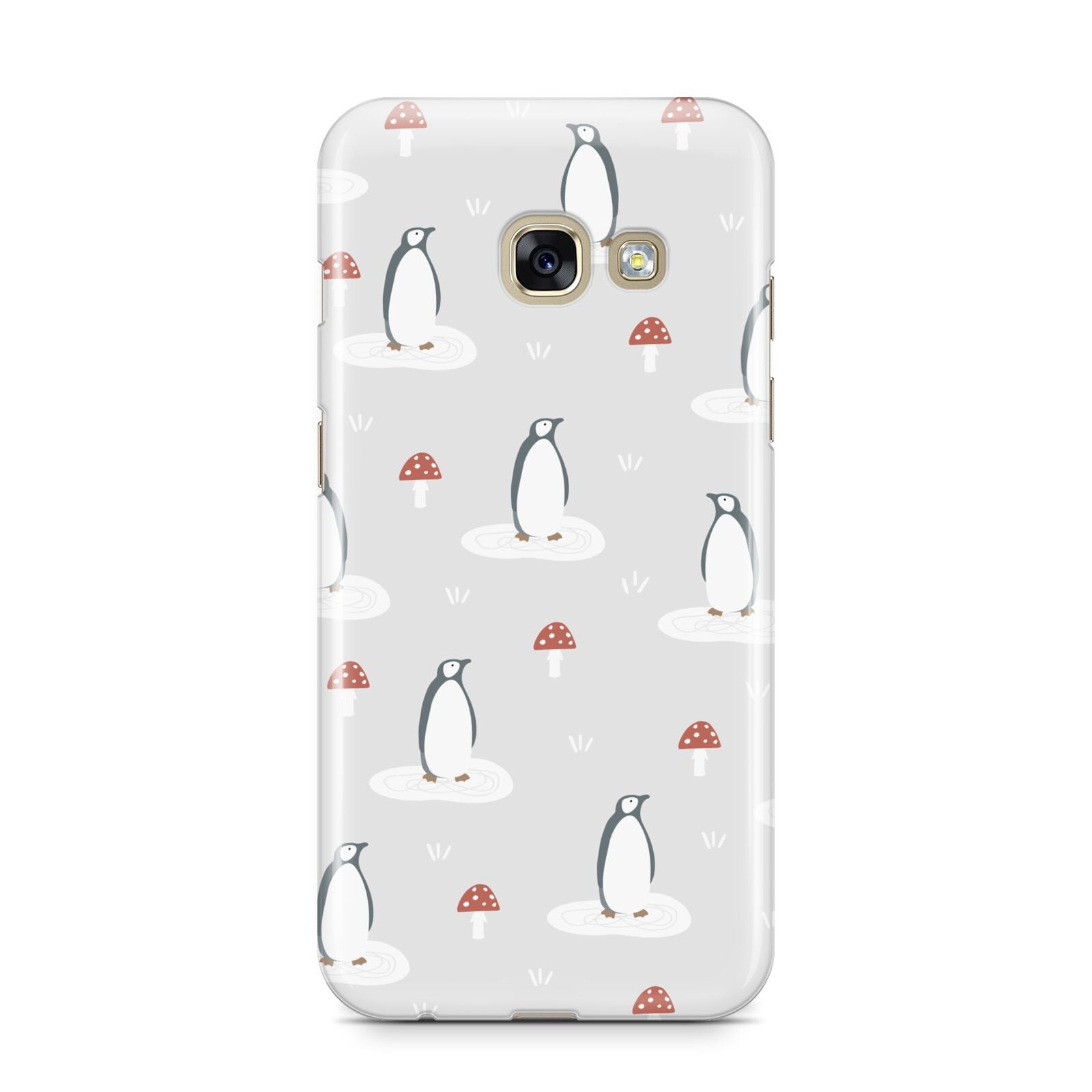 Grey Penguin Forest Samsung Galaxy A3 2017 Case on gold phone