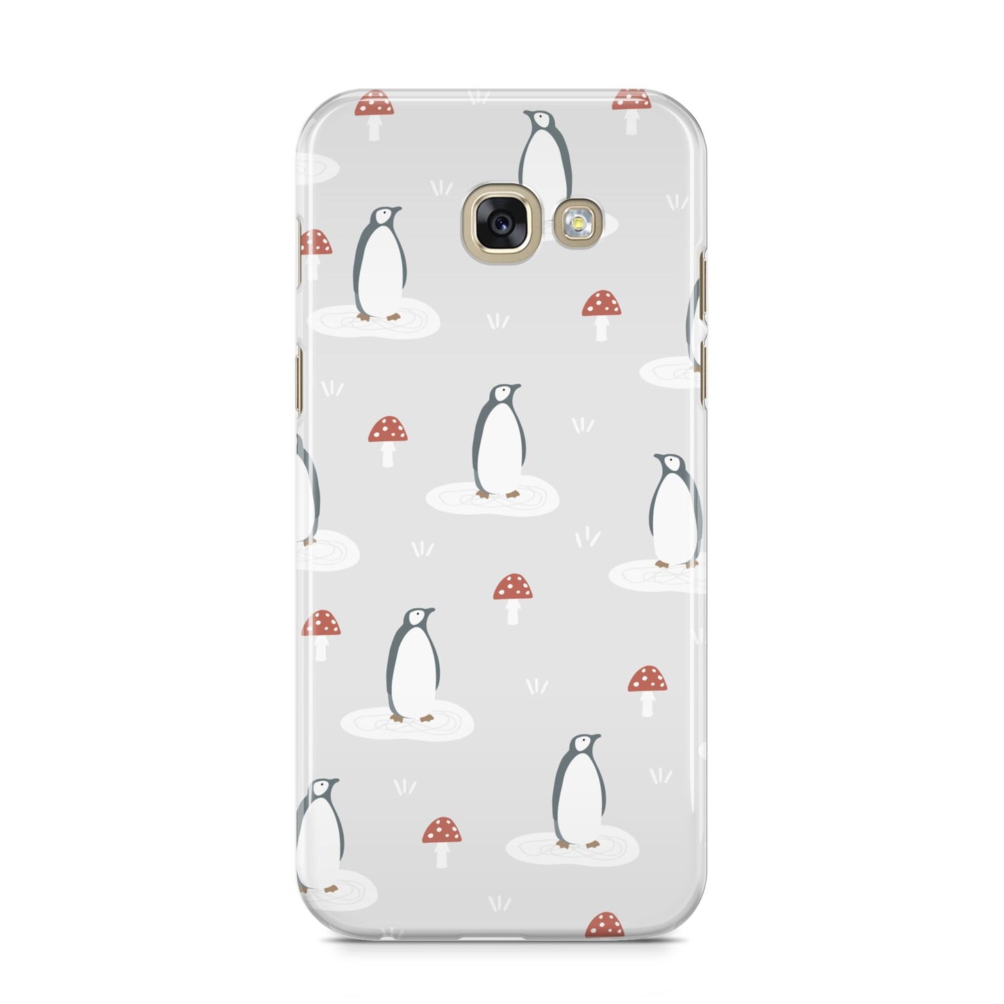 Grey Penguin Forest Samsung Galaxy A5 2017 Case on gold phone