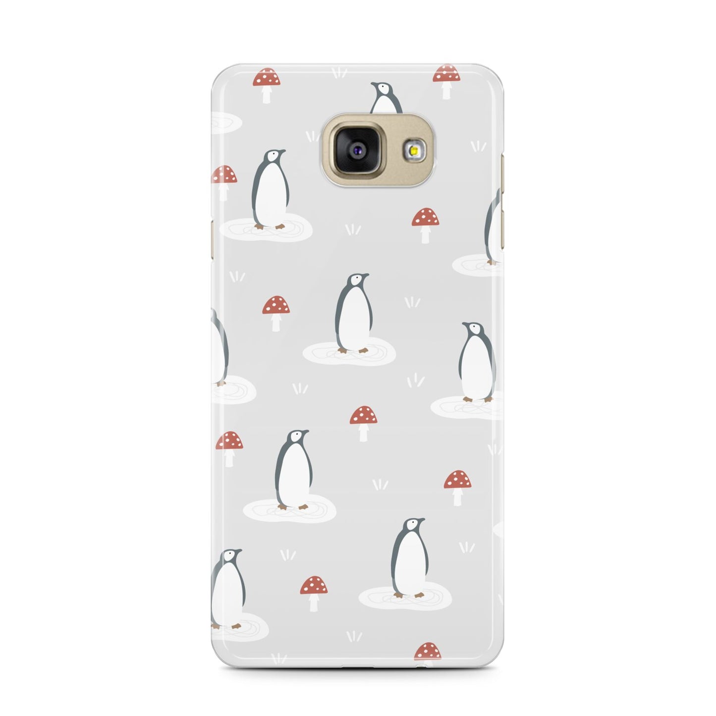 Grey Penguin Forest Samsung Galaxy A7 2016 Case on gold phone