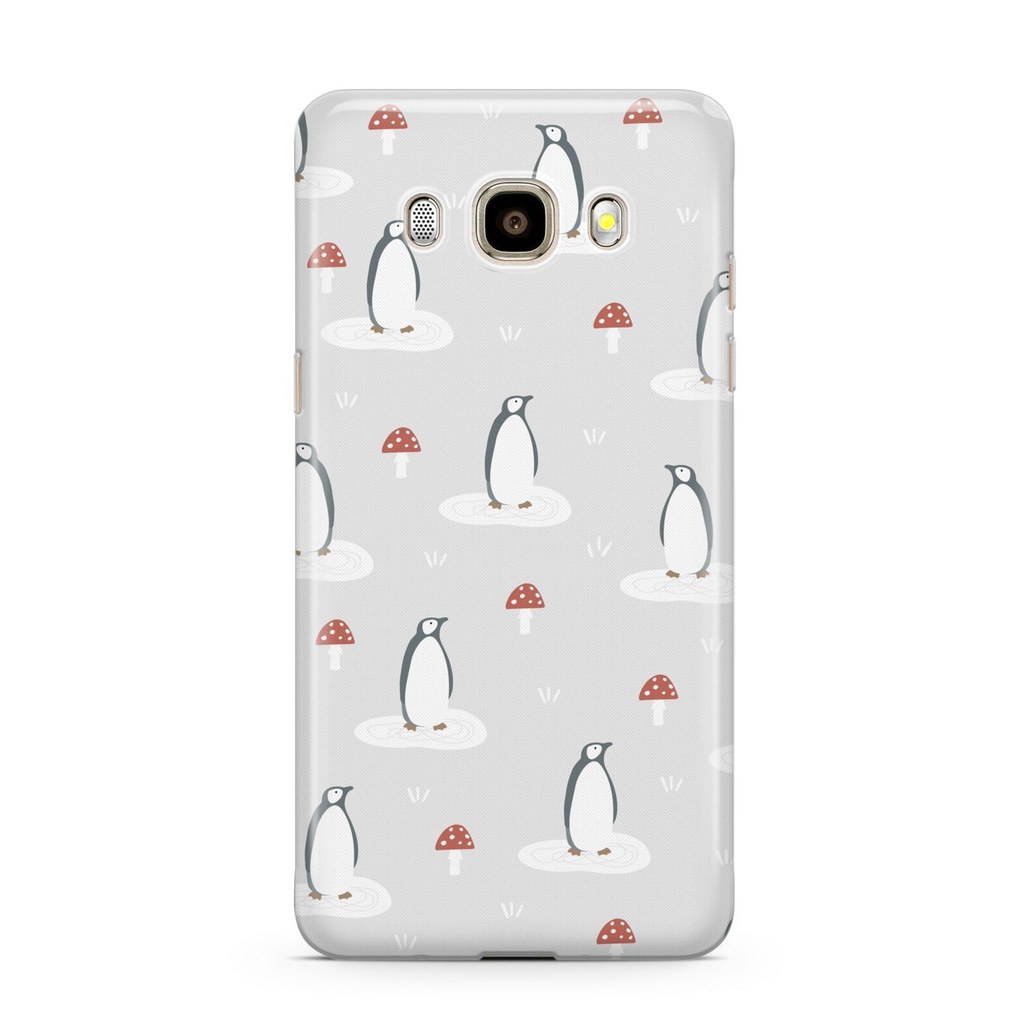 Grey Penguin Forest Samsung Galaxy J7 2016 Case on gold phone