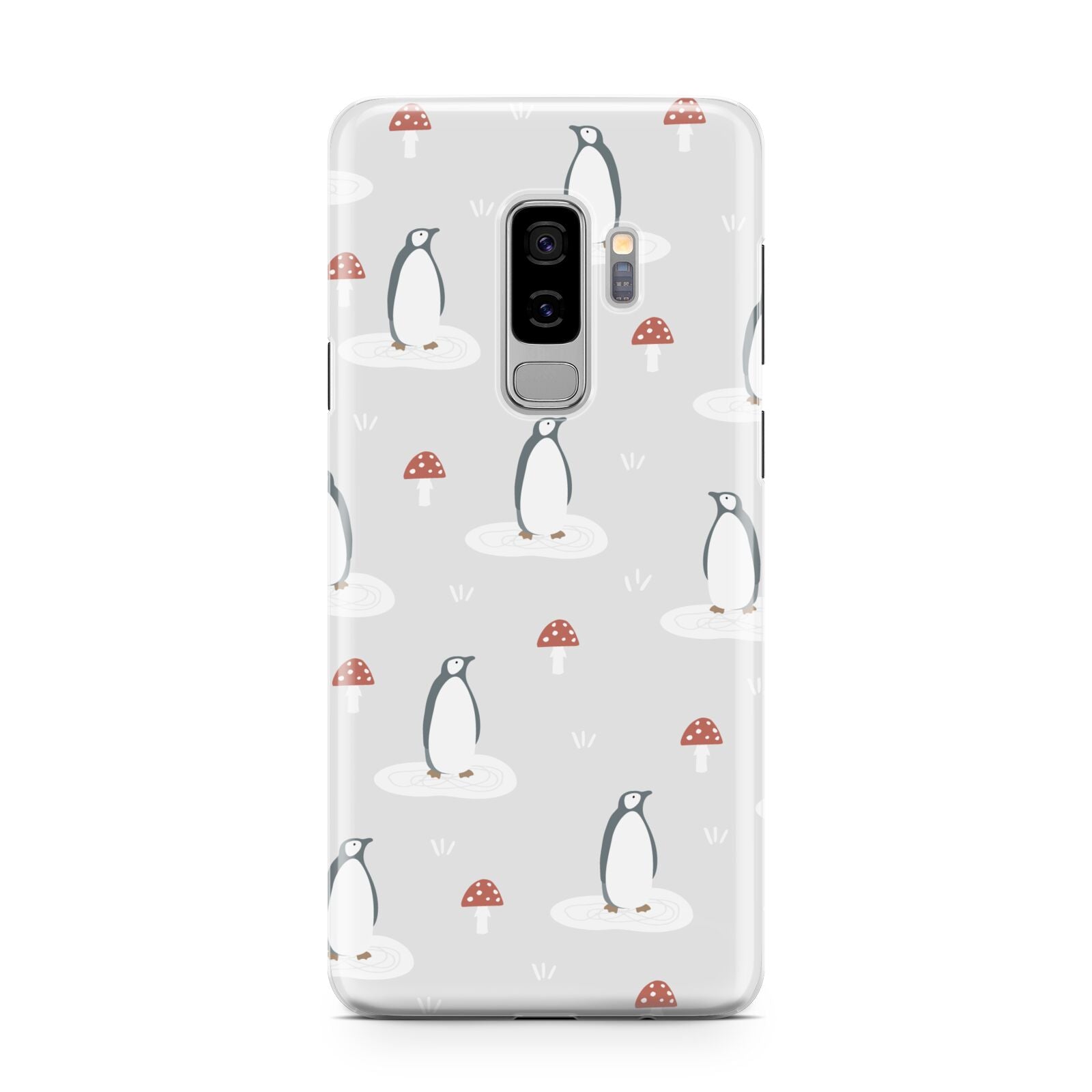 Grey Penguin Forest Samsung Galaxy S9 Plus Case on Silver phone