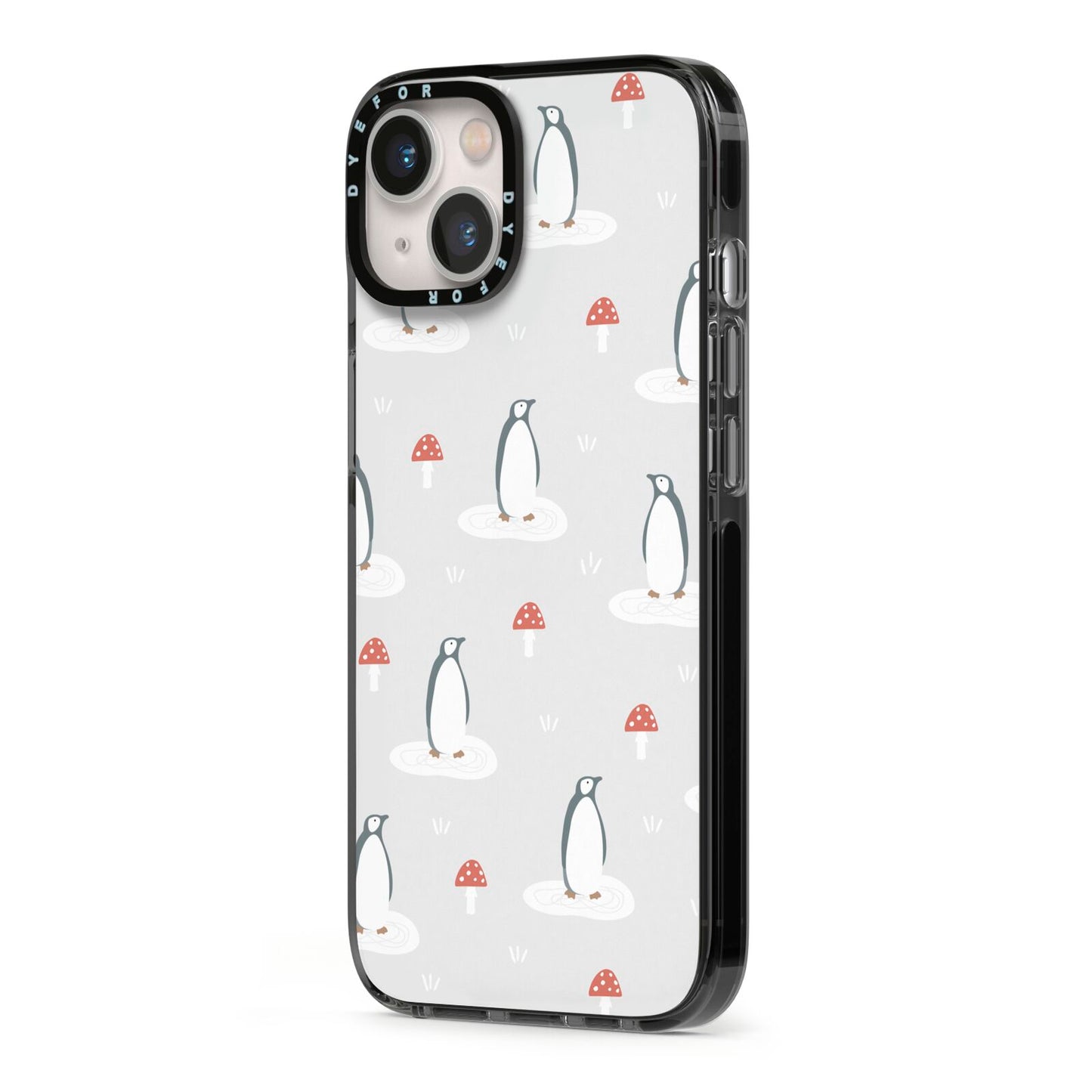 Grey Penguin Forest iPhone 13 Black Impact Case Side Angle on Silver phone