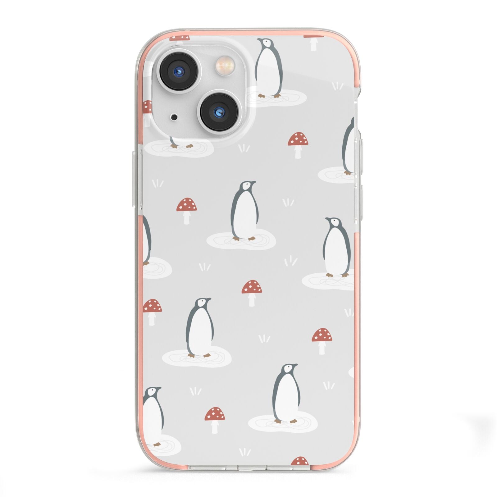 Grey Penguin Forest iPhone 13 Mini TPU Impact Case with Pink Edges