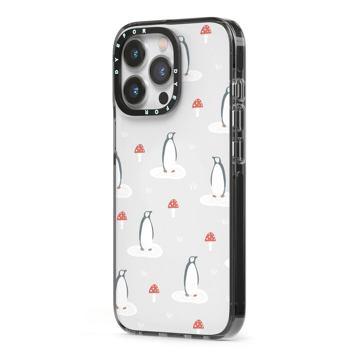 Grey Penguin Forest iPhone 13 Pro Black Impact Case Side Angle on Silver phone