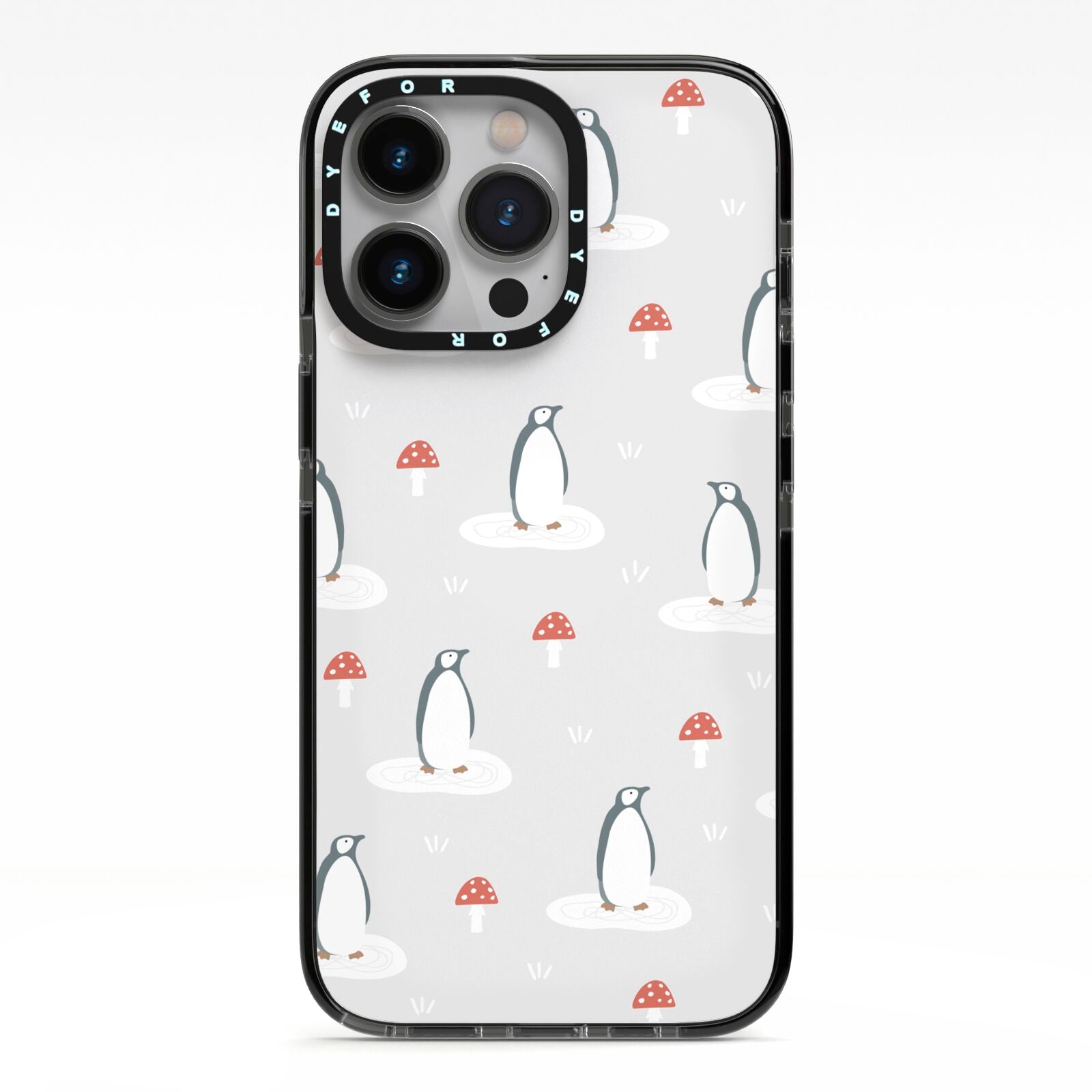 Grey Penguin Forest iPhone 13 Pro Black Impact Case on Silver phone