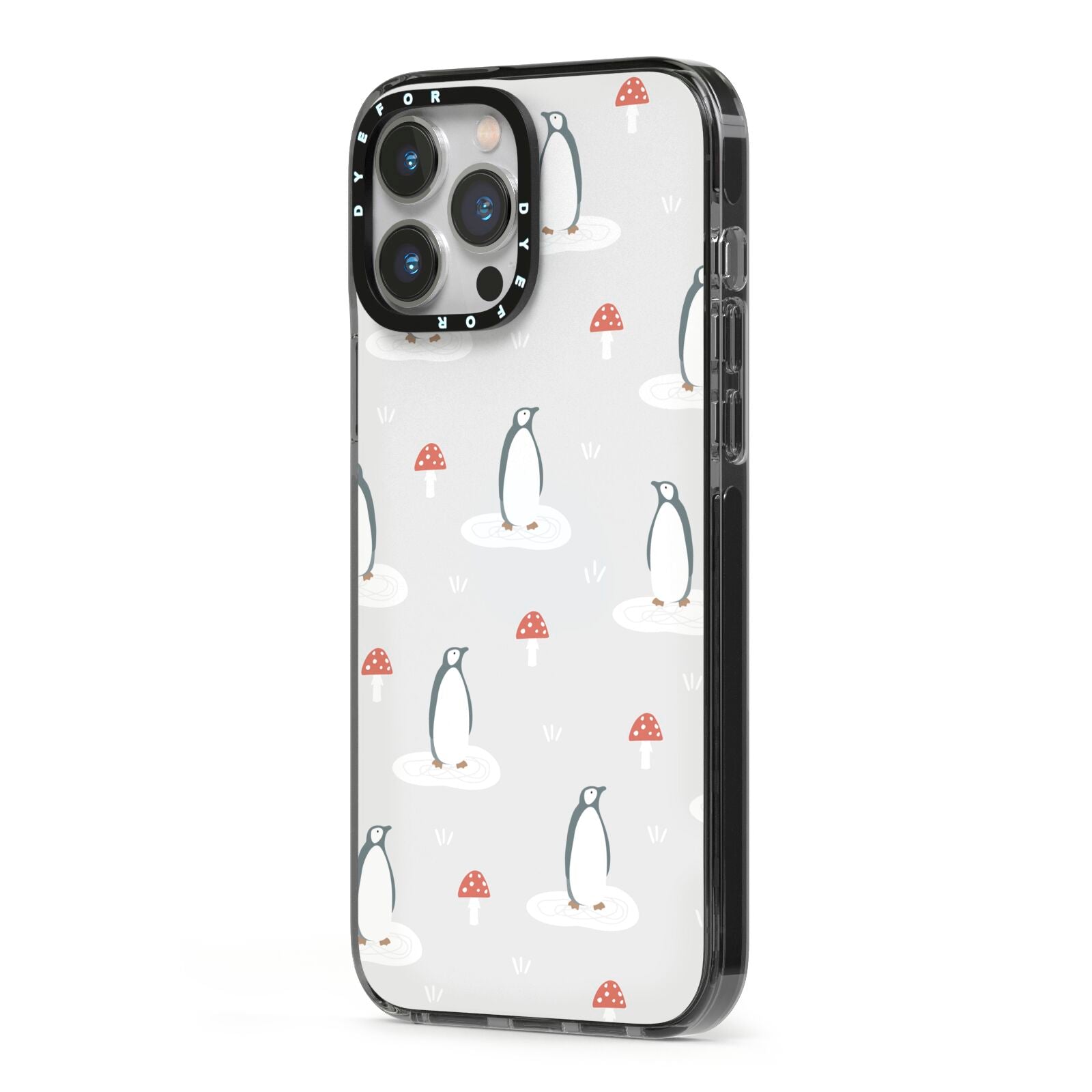 Grey Penguin Forest iPhone 13 Pro Max Black Impact Case Side Angle on Silver phone