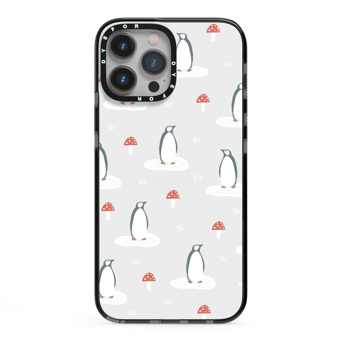 Grey Penguin Forest iPhone 13 Pro Max Black Impact Case on Silver phone