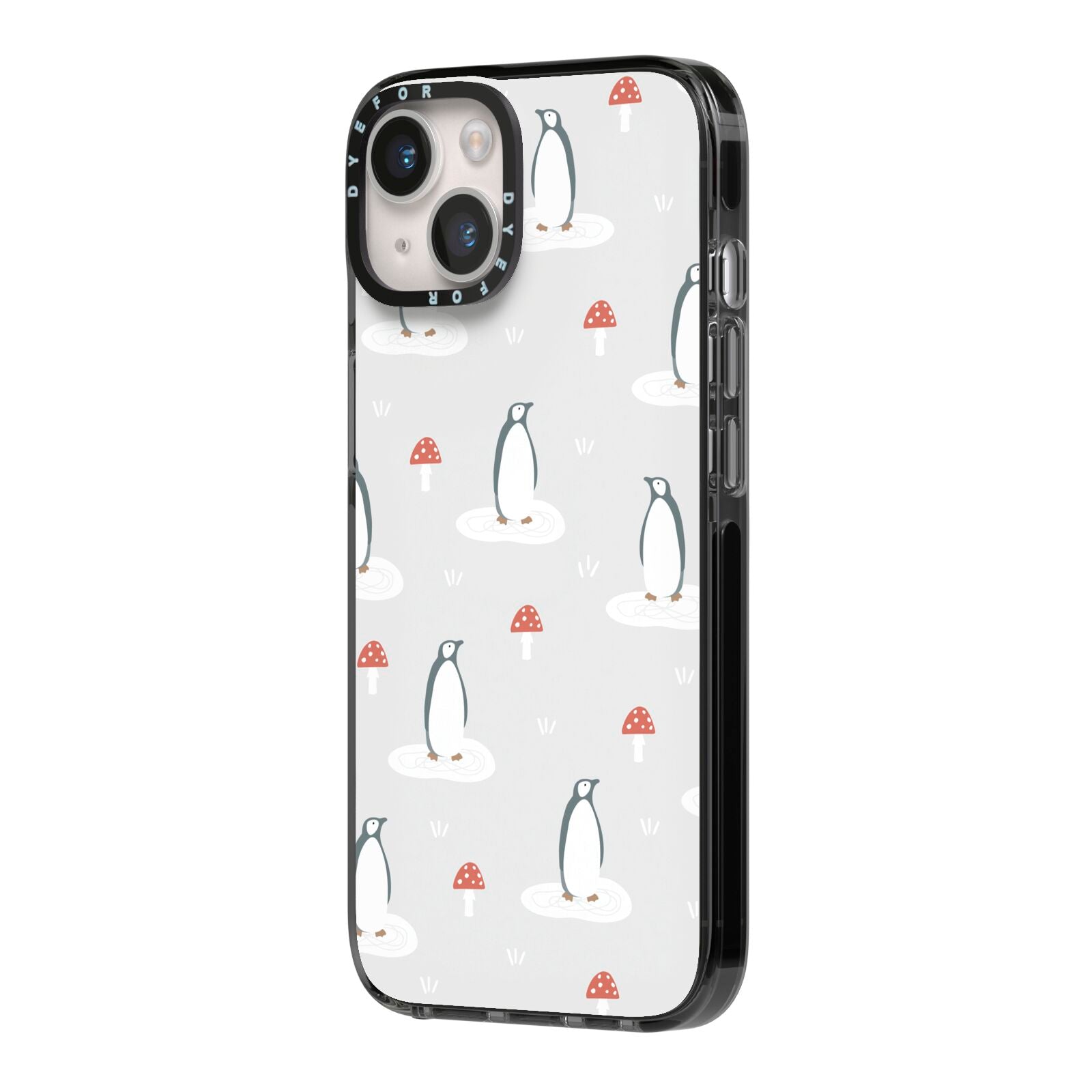 Grey Penguin Forest iPhone 14 Black Impact Case Side Angle on Silver phone