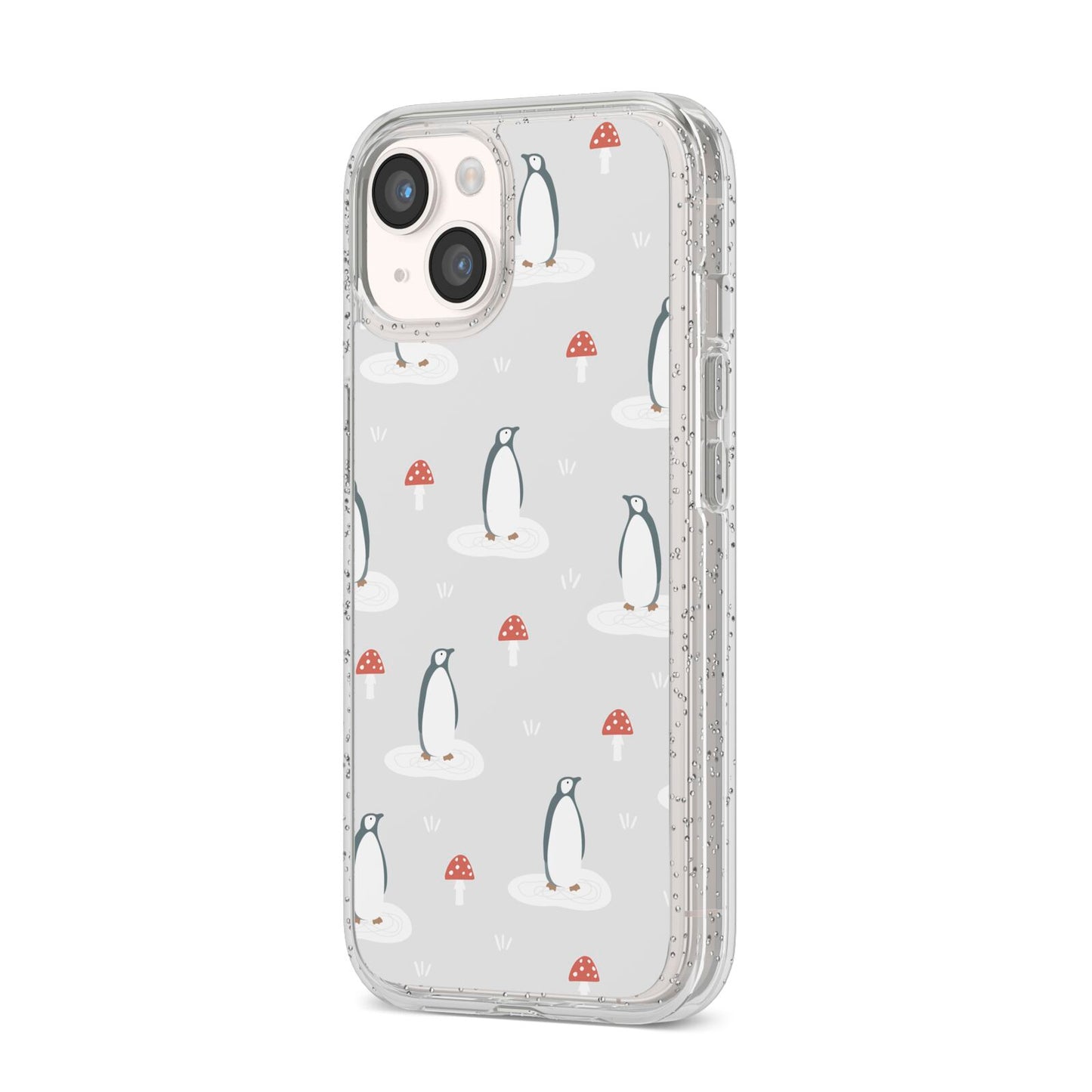 Grey Penguin Forest iPhone 14 Glitter Tough Case Starlight Angled Image