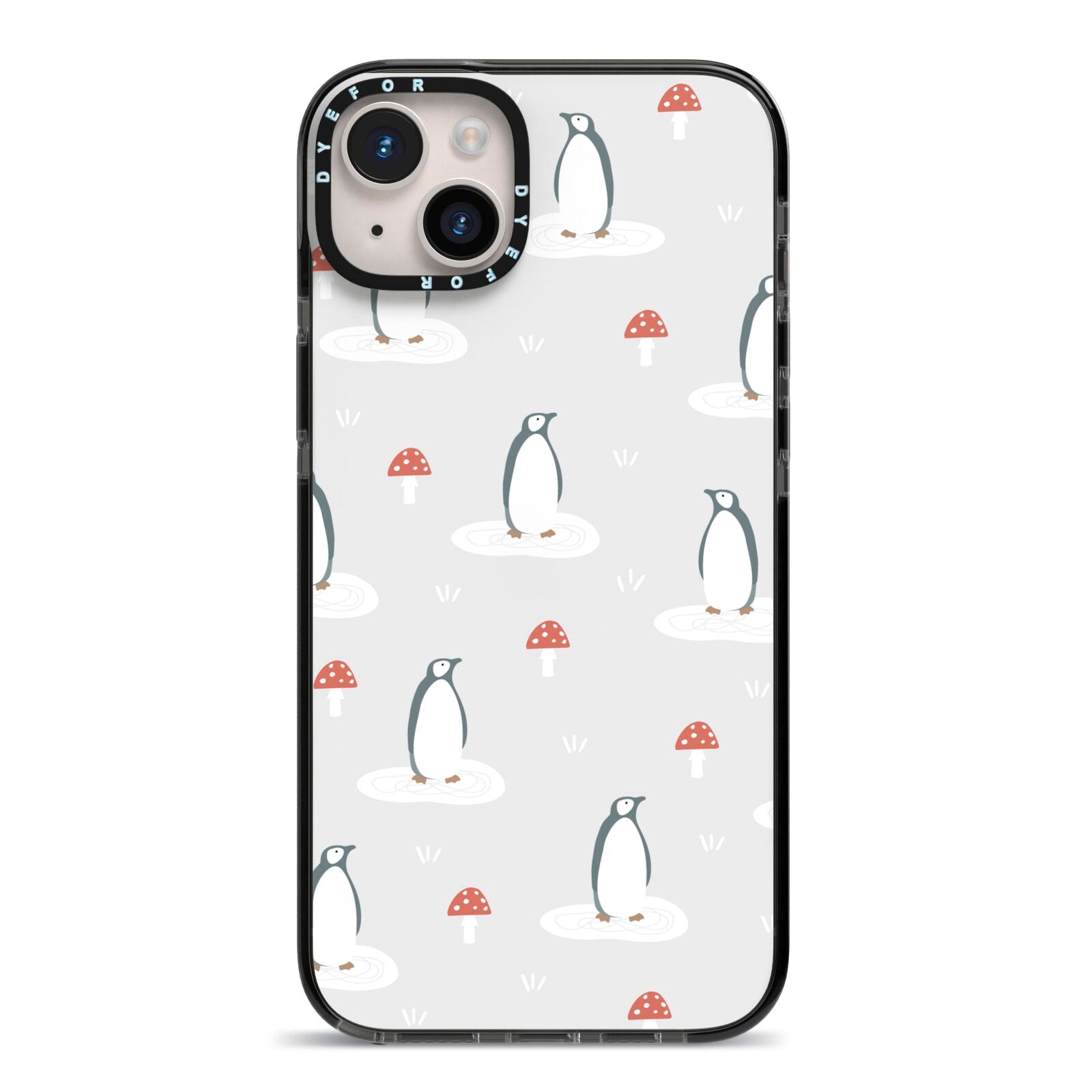 Grey Penguin Forest iPhone 14 Plus Black Impact Case on Silver phone