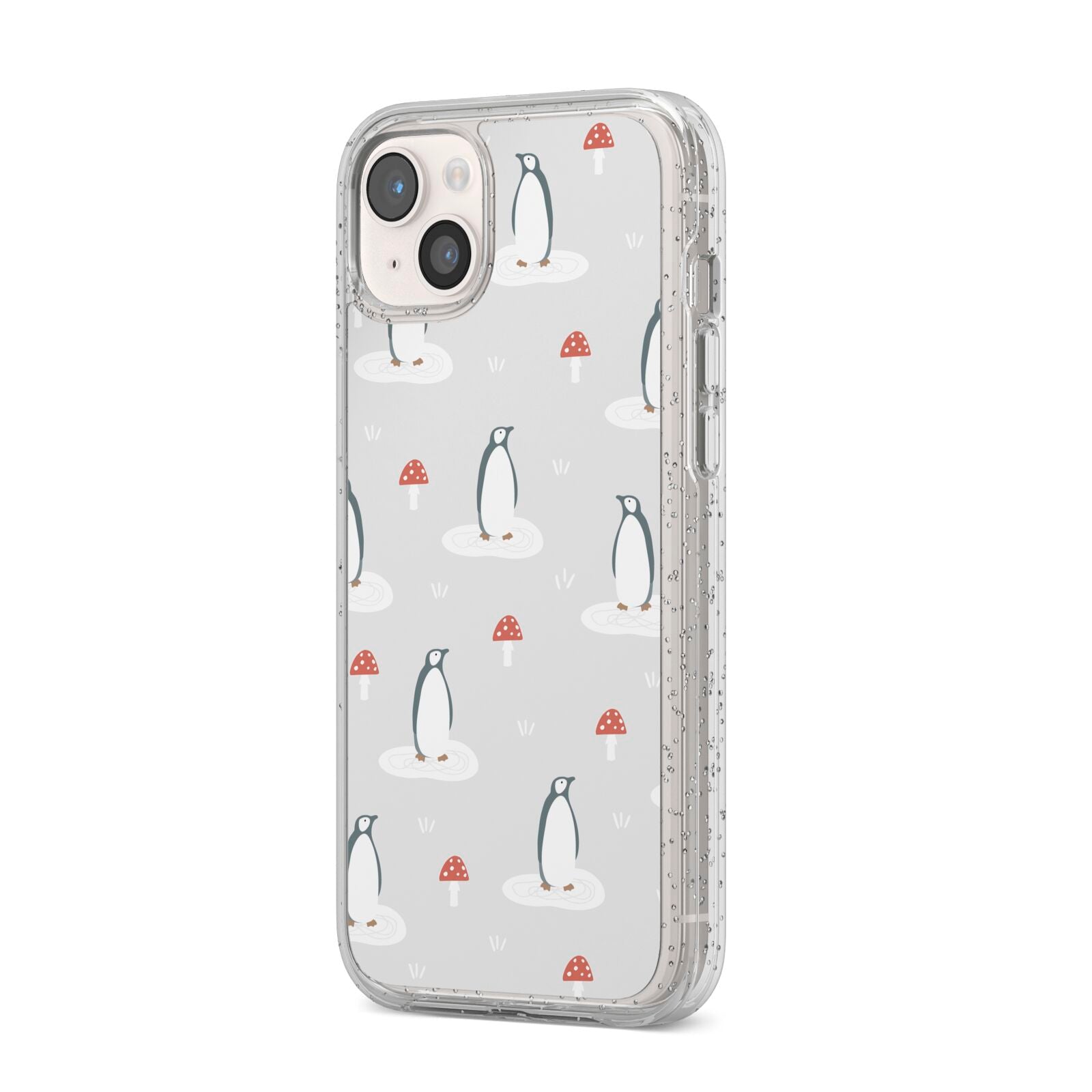 Grey Penguin Forest iPhone 14 Plus Glitter Tough Case Starlight Angled Image