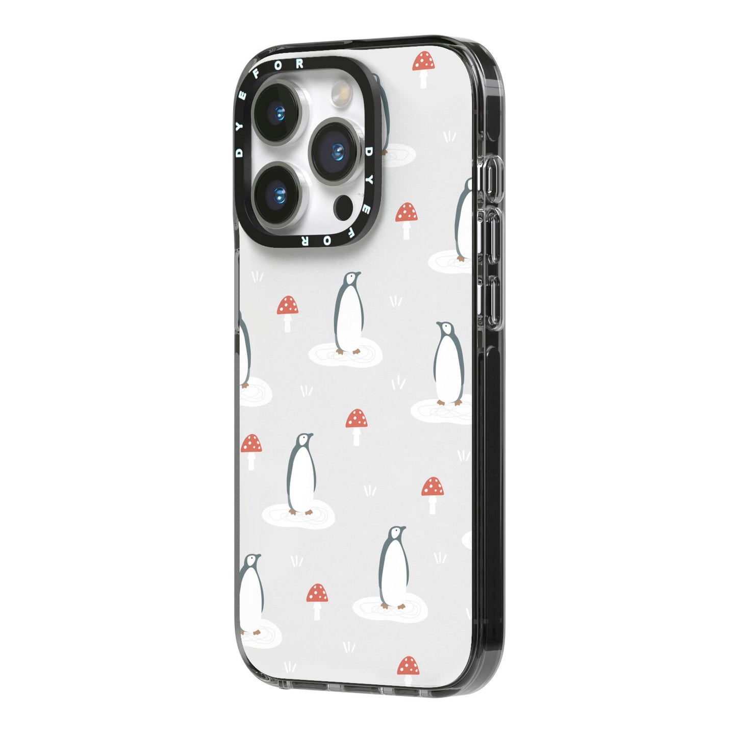 Grey Penguin Forest iPhone 14 Pro Black Impact Case Side Angle on Silver phone