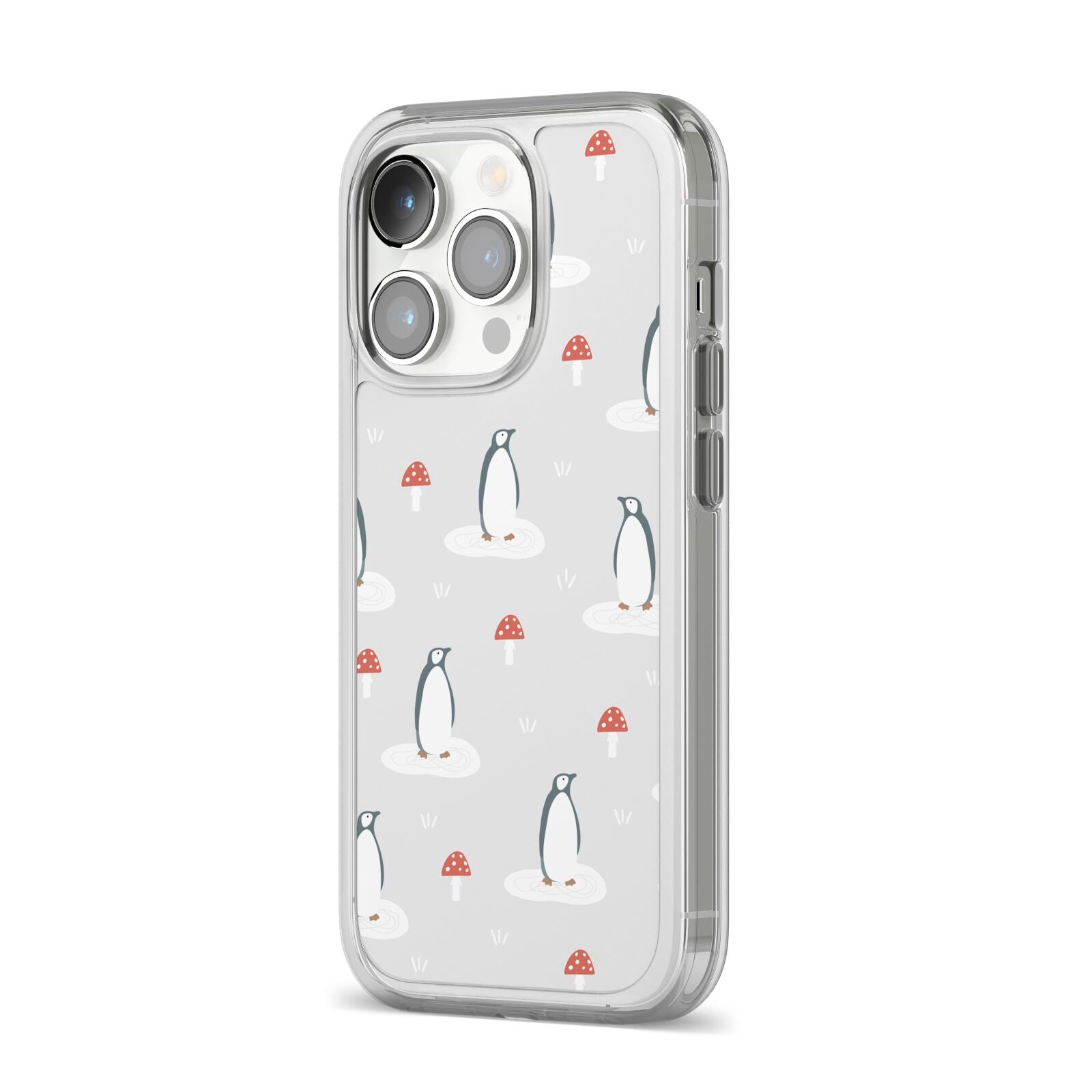 Grey Penguin Forest iPhone 14 Pro Clear Tough Case Silver Angled Image