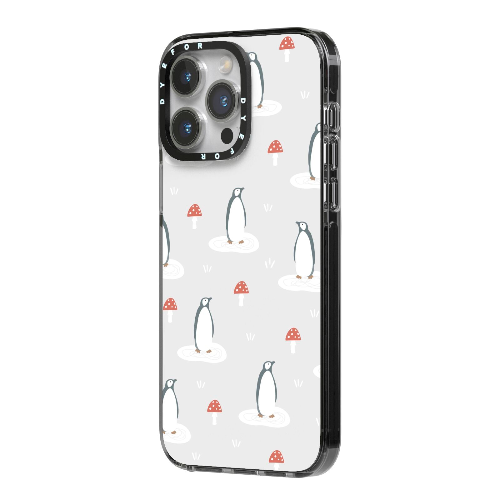 Grey Penguin Forest iPhone 14 Pro Max Black Impact Case Side Angle on Silver phone