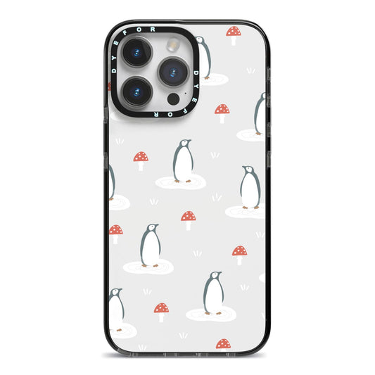 Grey Penguin Forest iPhone 14 Pro Max Black Impact Case on Silver phone