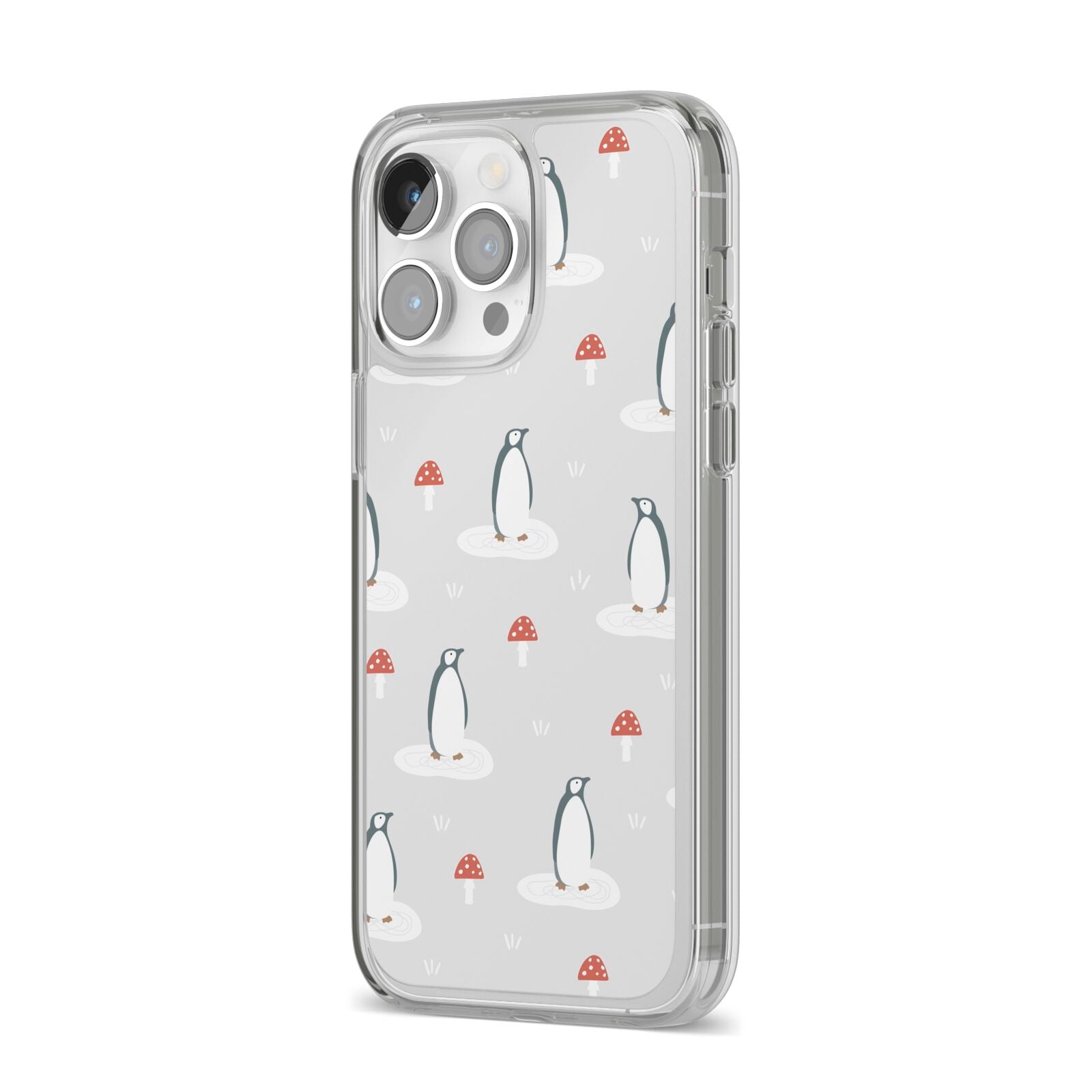 Grey Penguin Forest iPhone 14 Pro Max Clear Tough Case Silver Angled Image