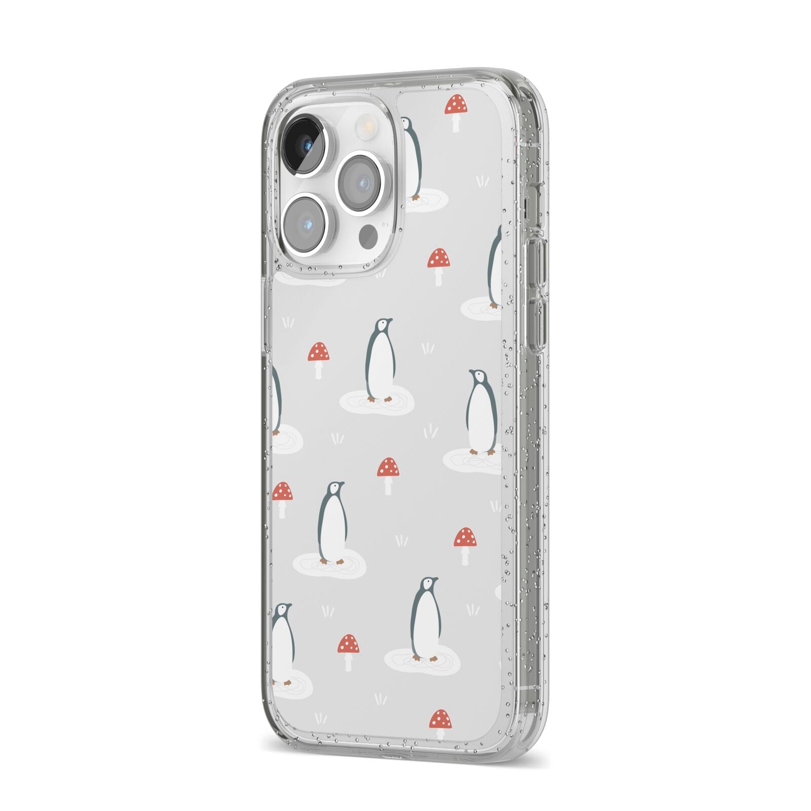 Grey Penguin Forest iPhone 14 Pro Max Glitter Tough Case Silver Angled Image