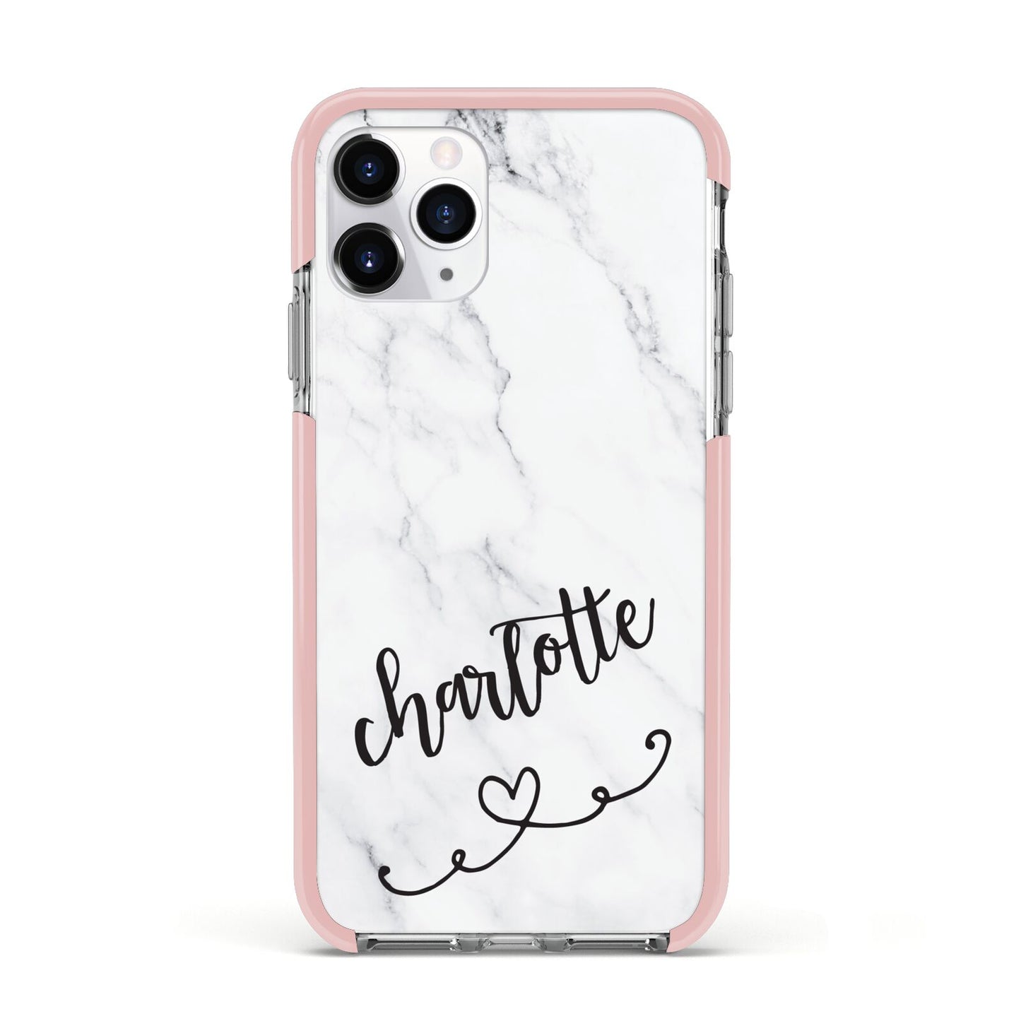 Grey Personalised Marble with Illustration Text Apple iPhone 11 Pro in Silver with Pink Impact Case