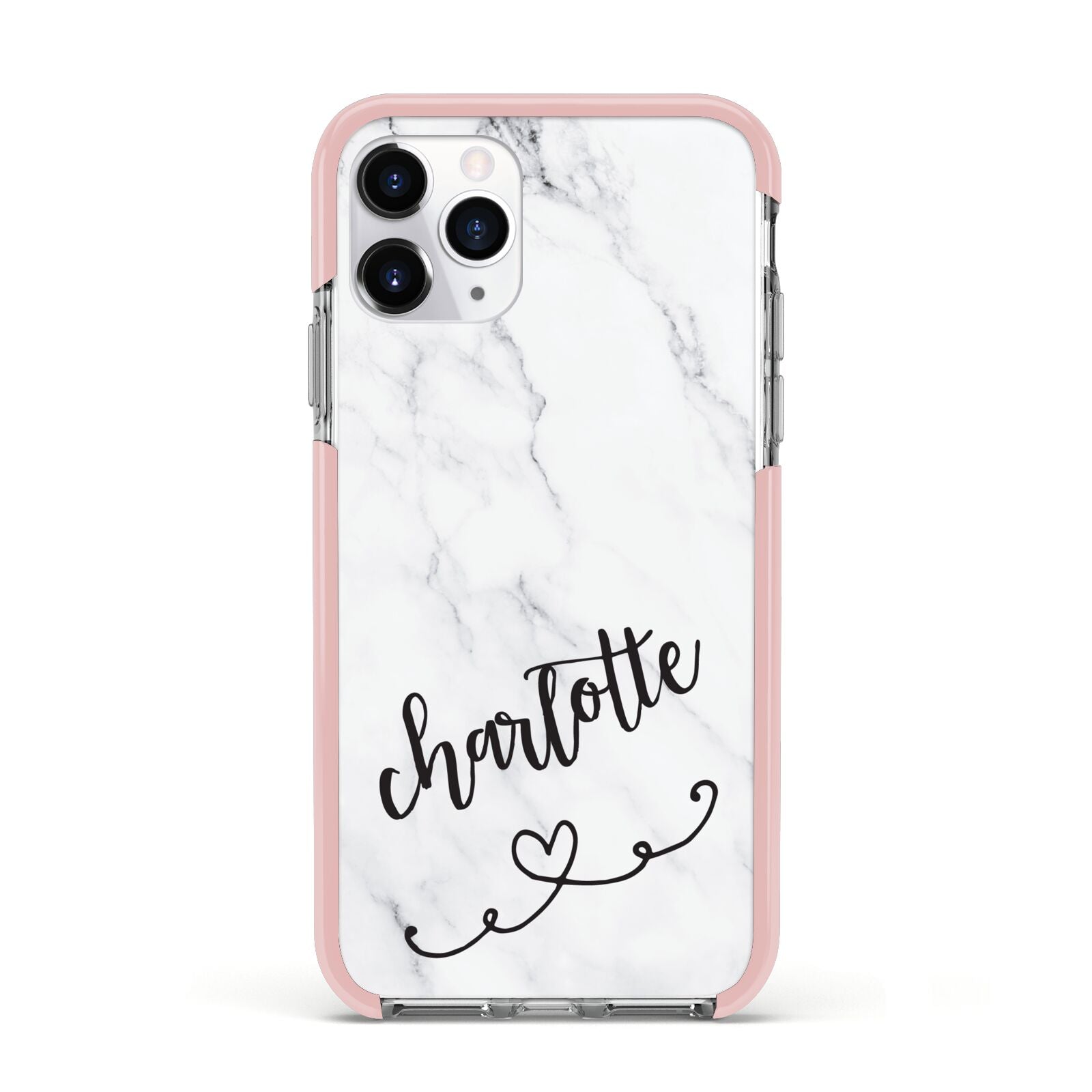Grey Personalised Marble with Illustration Text Apple iPhone 11 Pro in Silver with Pink Impact Case