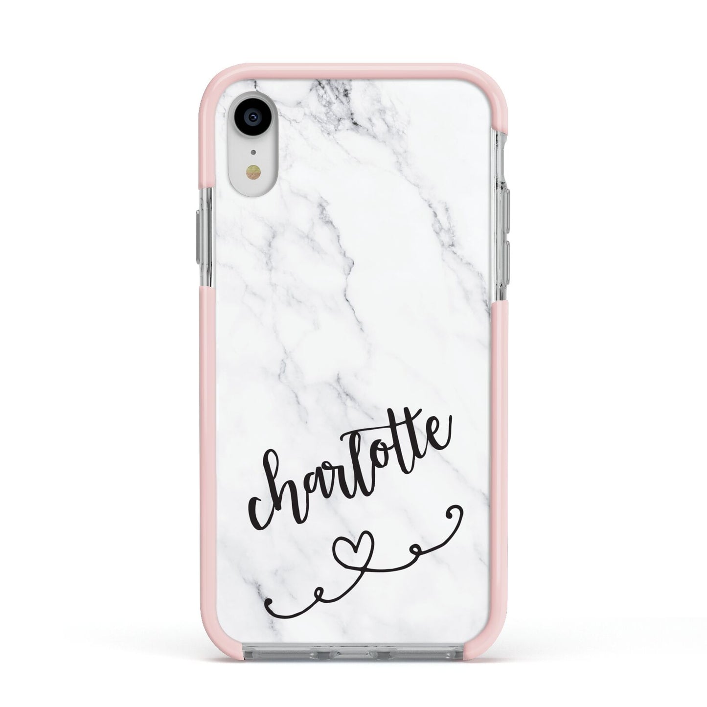 Grey Personalised Marble with Illustration Text Apple iPhone XR Impact Case Pink Edge on Silver Phone