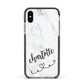 Grey Personalised Marble with Illustration Text Apple iPhone Xs Impact Case Black Edge on Silver Phone