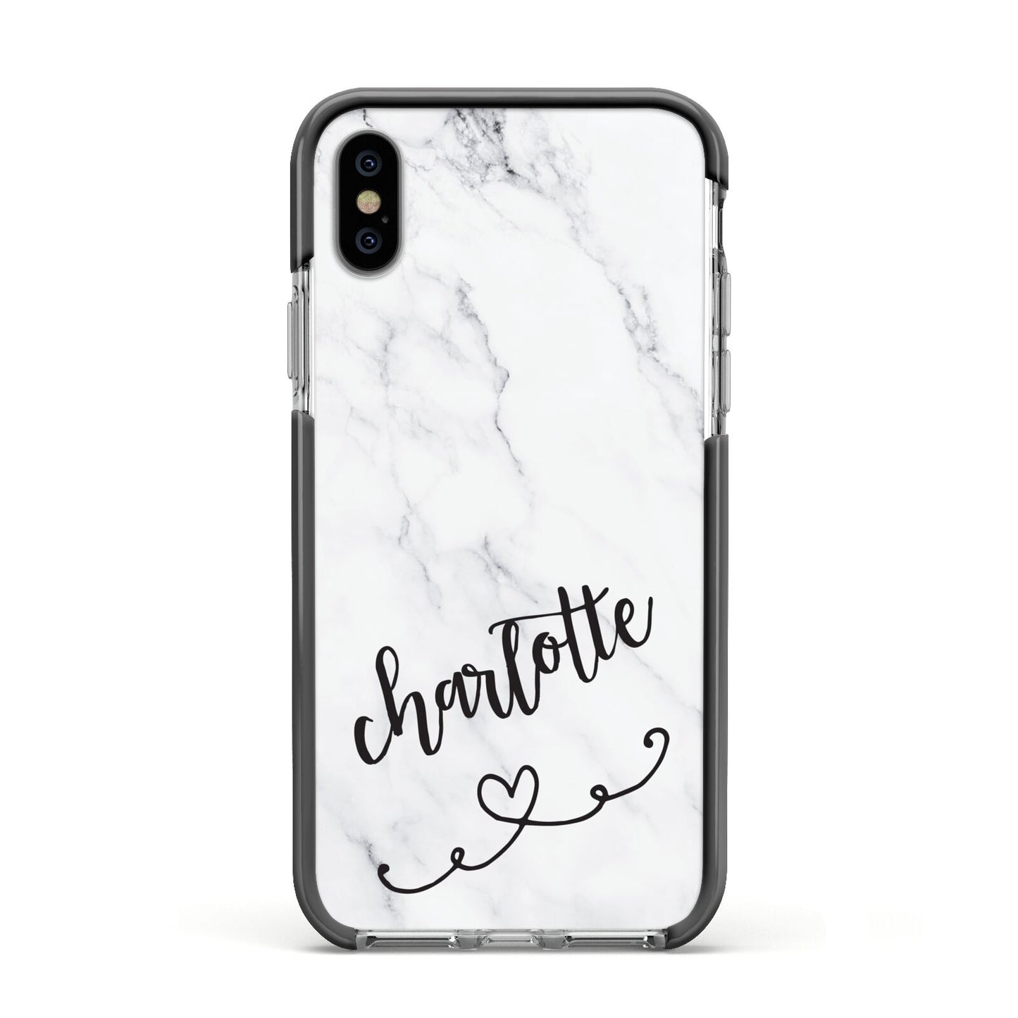 Grey Personalised Marble with Illustration Text Apple iPhone Xs Impact Case Black Edge on Silver Phone