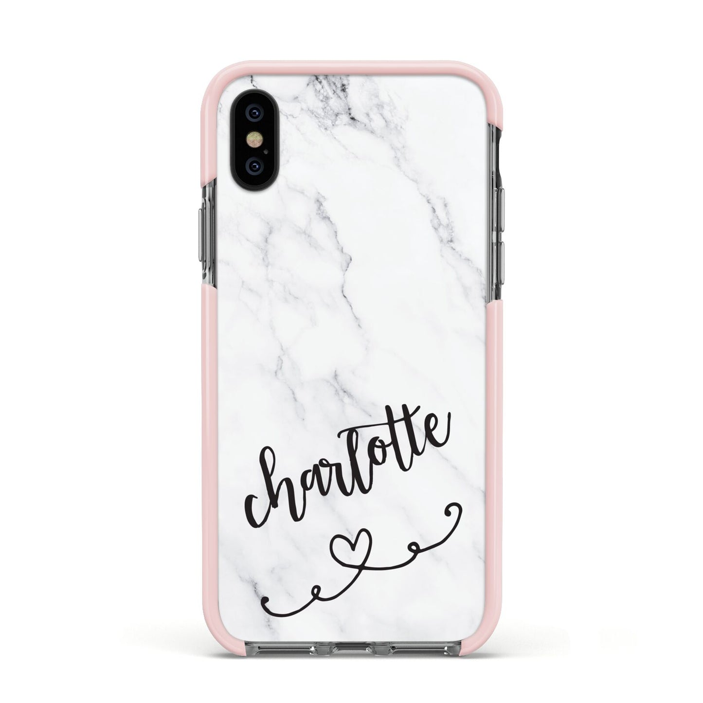 Grey Personalised Marble with Illustration Text Apple iPhone Xs Impact Case Pink Edge on Black Phone