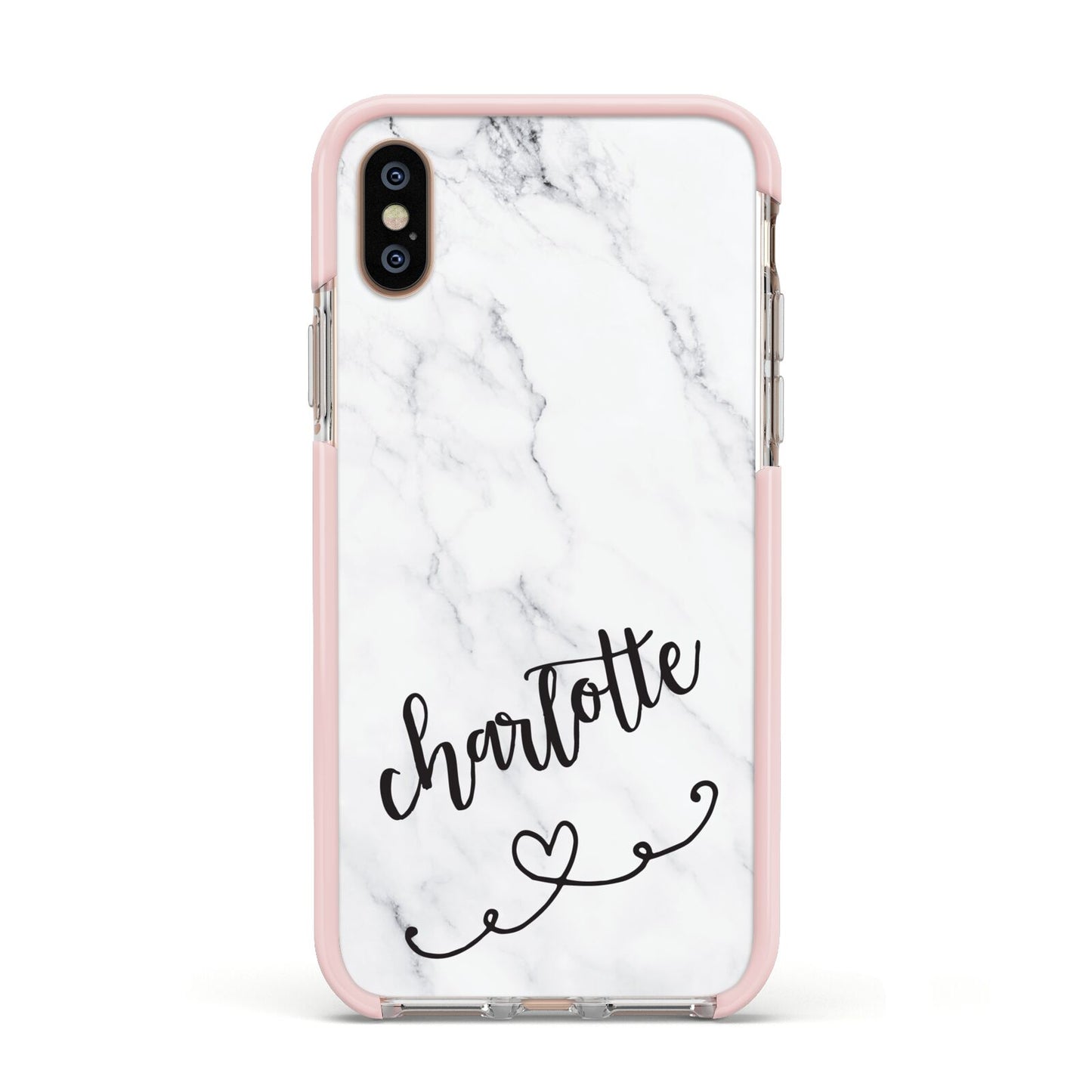 Grey Personalised Marble with Illustration Text Apple iPhone Xs Impact Case Pink Edge on Gold Phone