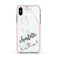 Grey Personalised Marble with Illustration Text Apple iPhone Xs Impact Case Pink Edge on Silver Phone