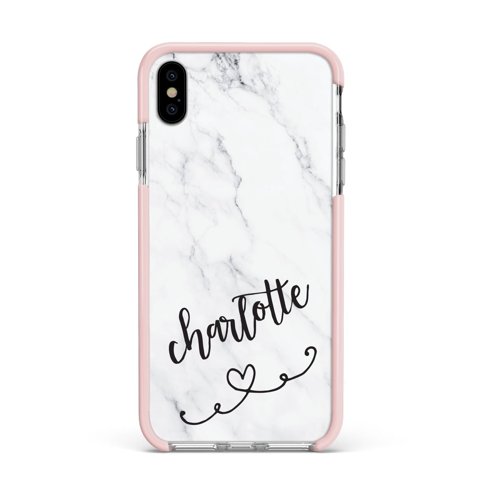 Grey Personalised Marble with Illustration Text Apple iPhone Xs Max Impact Case Pink Edge on Silver Phone