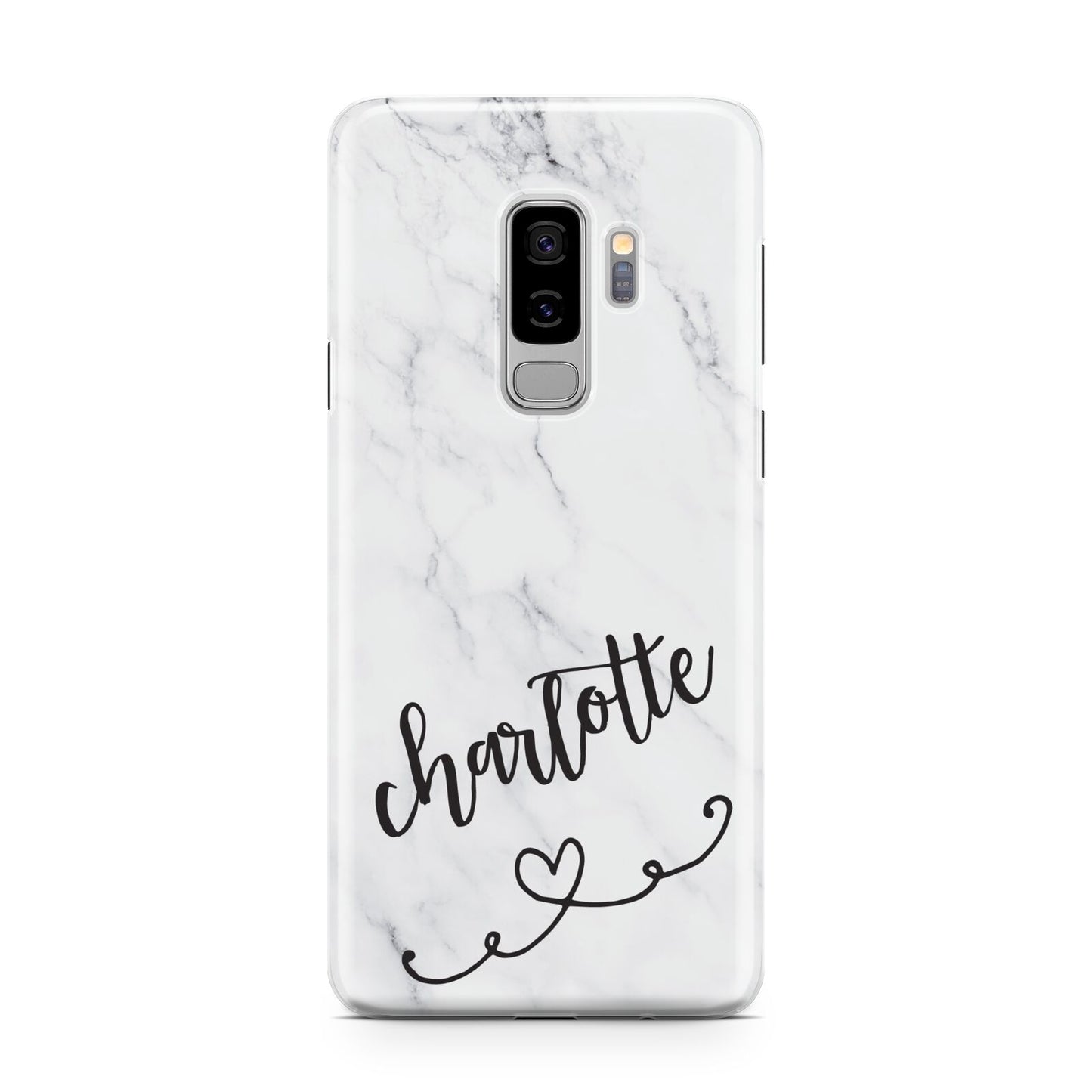 Grey Personalised Marble with Illustration Text Samsung Galaxy S9 Plus Case on Silver phone